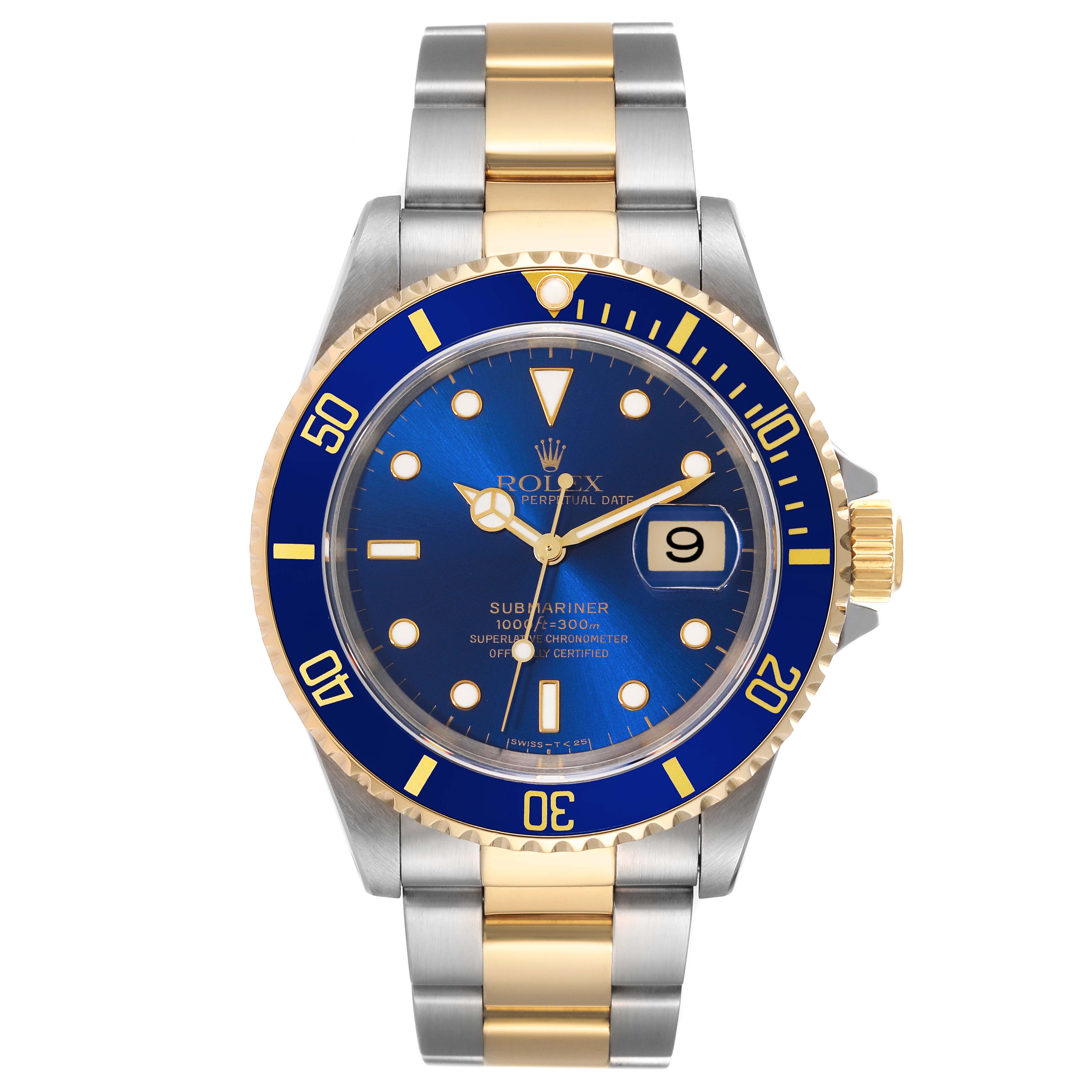 This image shows the front view of the Rolex Submariner 16613 Men's Steel and Gold (two tone) Blue Dial 16613 Men's Steel and Gold (two tone) Blue Dial watch, highlighting its blue dial, date window, and two-tone bracelet.