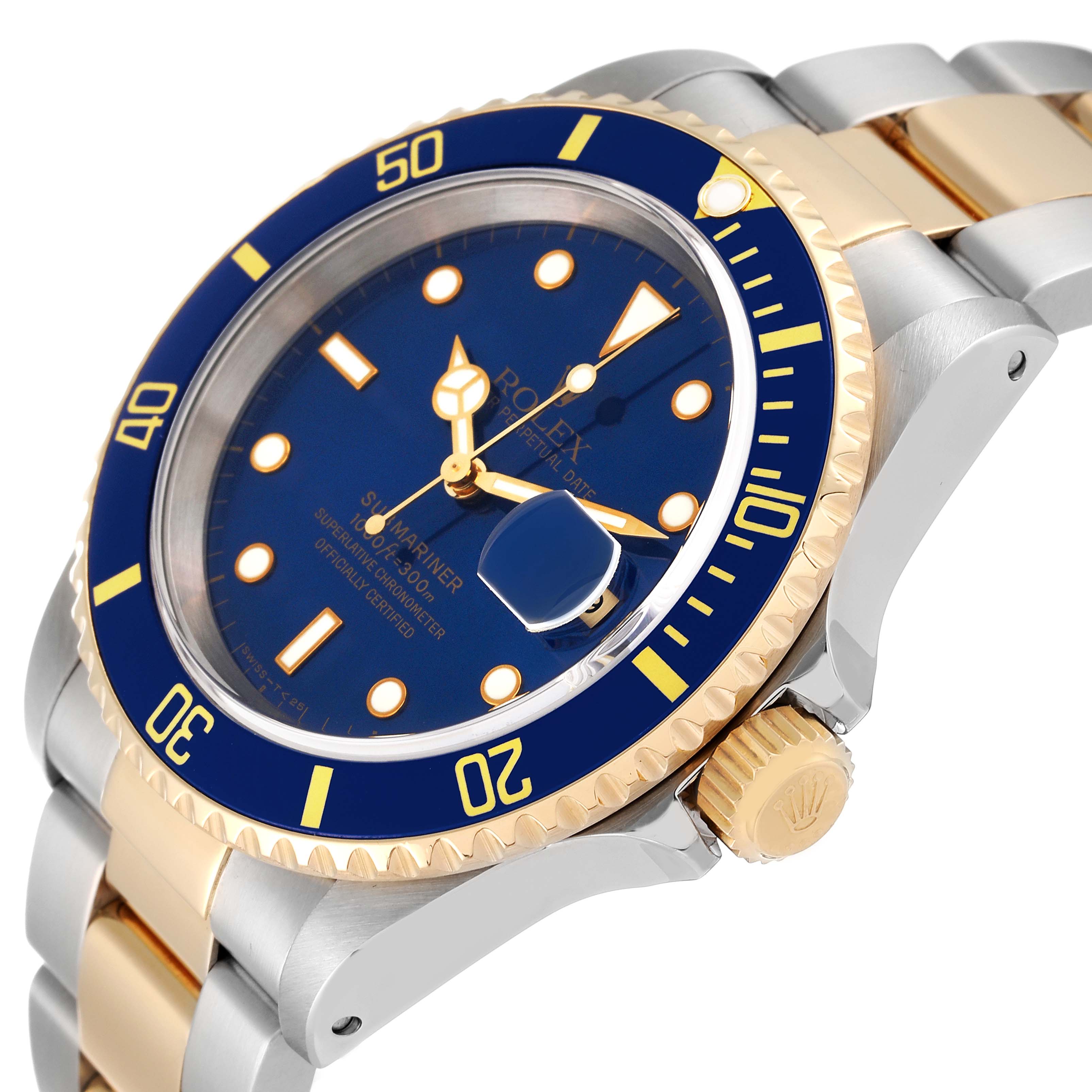 The image shows a Rolex Submariner 16613 Men's Steel and Gold (two tone) Blue Dial 16613 Men's Steel and Gold (two tone) Blue Dial watch at a slight angle, highlighting its blue bezel, dial, and bracelet.