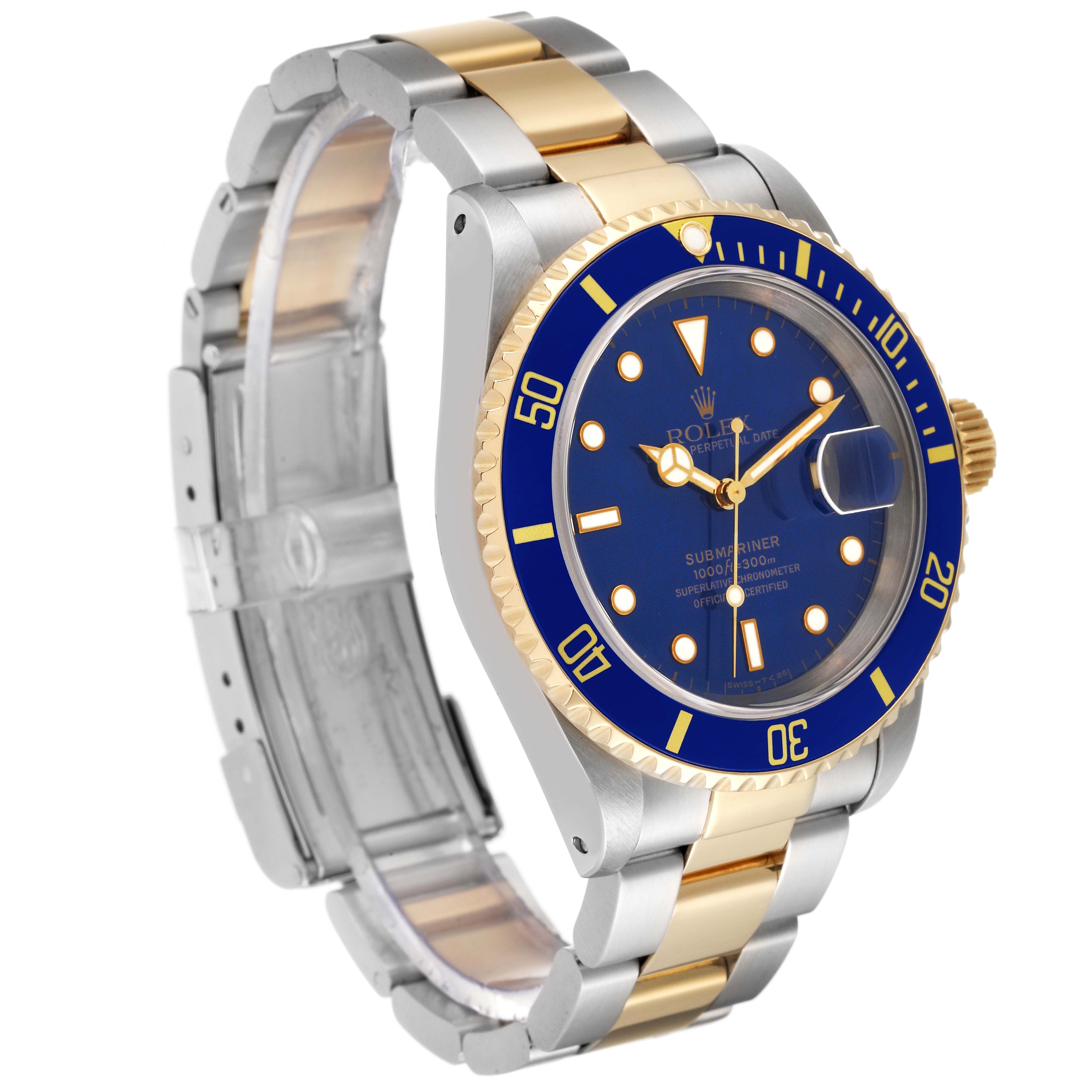 The Rolex Submariner 16613 Men's Steel and Gold (two tone) Blue Dial 16613 Men's Steel and Gold (two tone) Blue Dial watch is shown at a slight angled side view highlighting the face, bezel, and bracelet.
