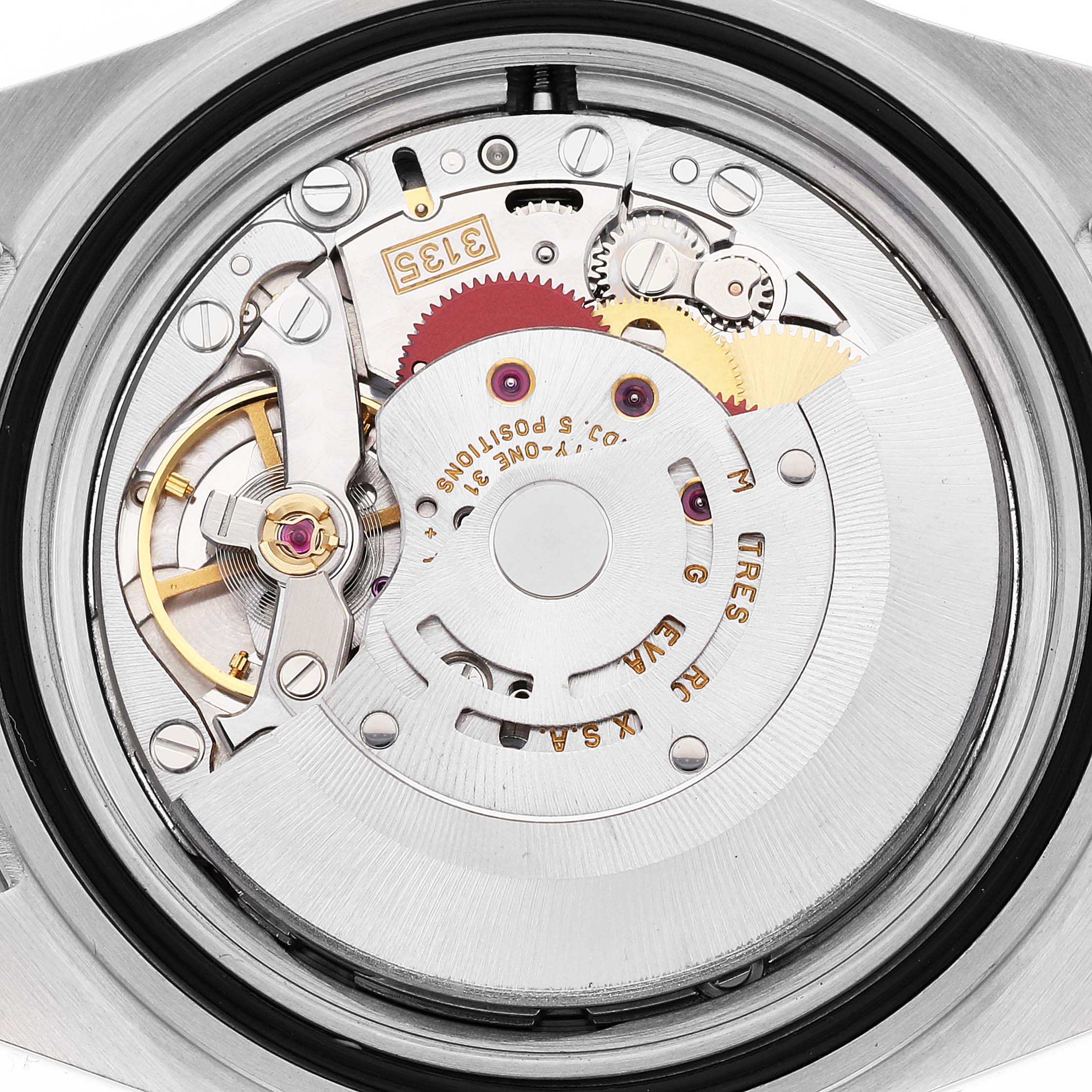 This image shows the inner mechanism of the Rolex Submariner 16613 Men's Steel and Gold (two tone) Blue Dial 16613 Men's Steel and Gold (two tone) Blue Dial watch from the back angle, highlighting its intricate components.