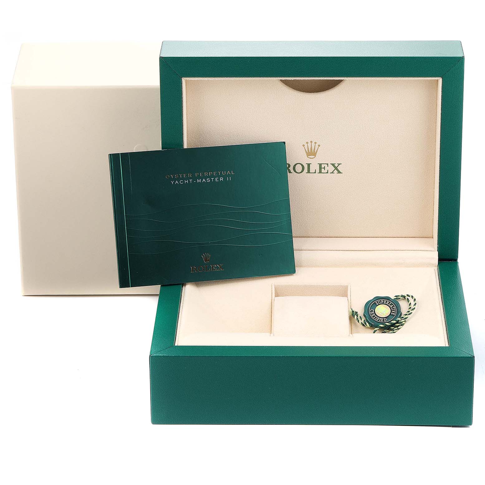 The image shows the box, booklet, and tag for the Rolex Yacht-Master 116681 Men
s Steel and Gold (two tone) White Dial 116681 Men
s Steel and Gold (two tone) White Dial watch, viewed from the front.