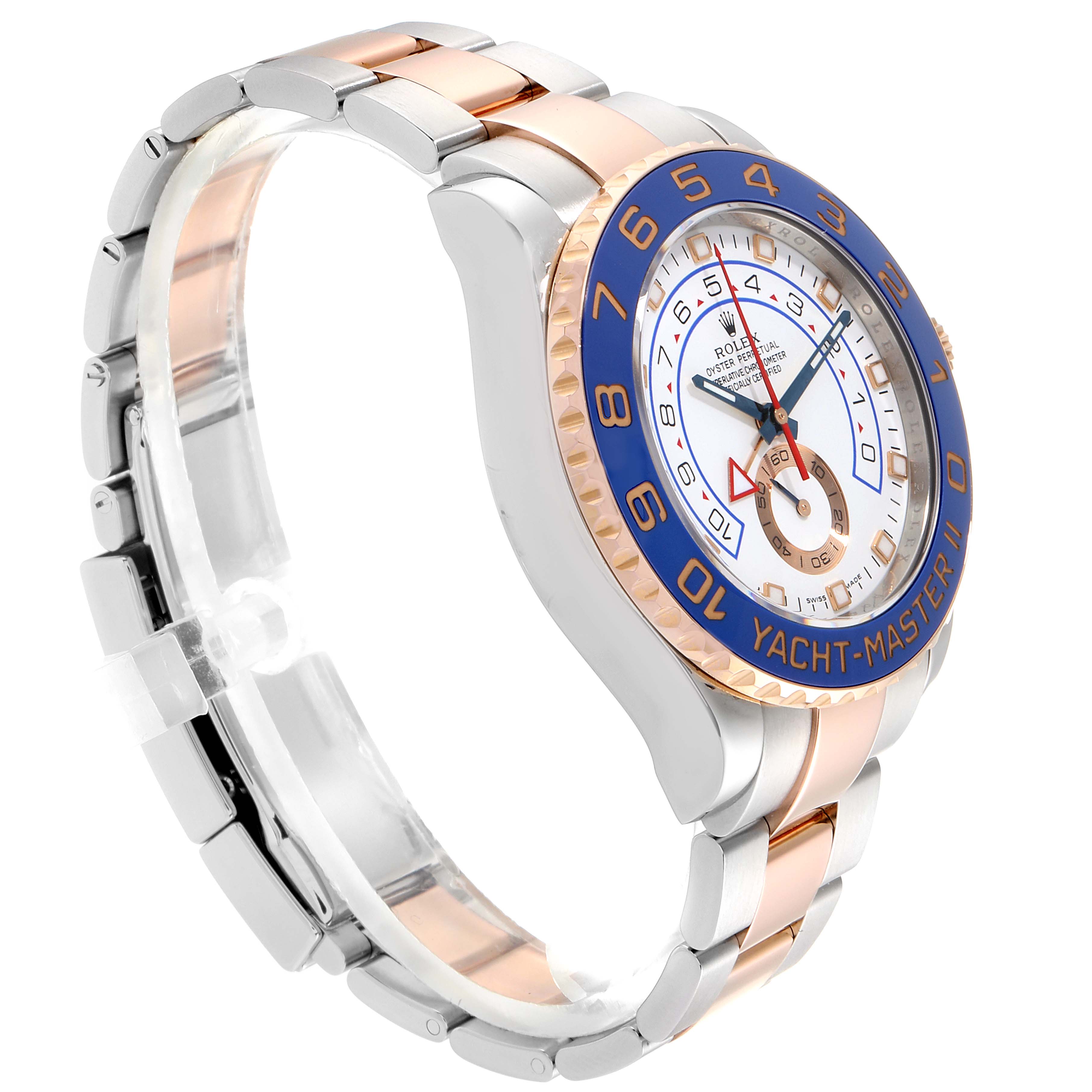 The image shows a side profile of a Rolex Yacht-Master 116681 Men
s Steel and Gold (two tone) White Dial 116681 Men
s Steel and Gold (two tone) White Dial watch, highlighting its two-tone bracelet and blue bezel.