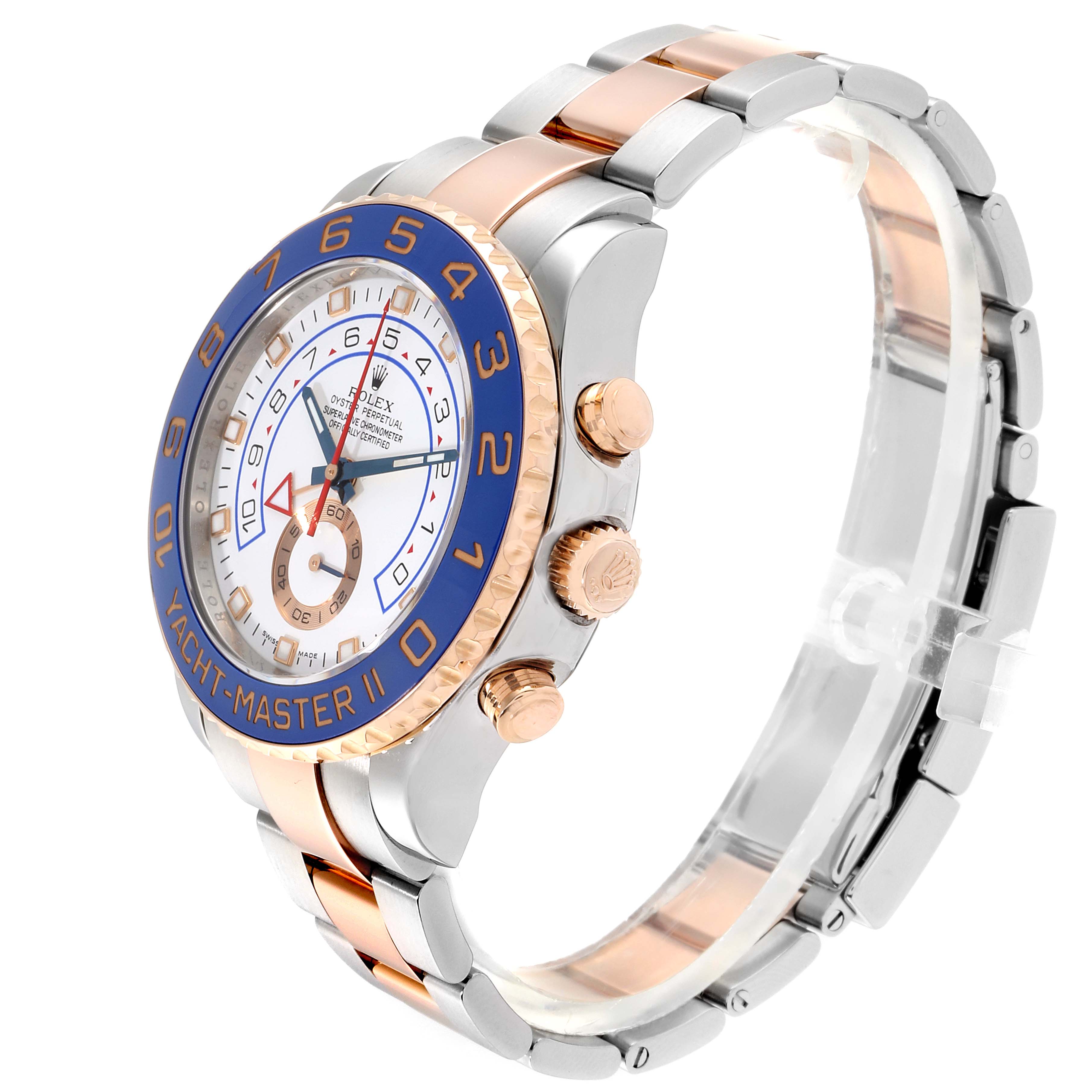 The image shows a side view angle of a Rolex Yacht-Master 116681 Men
s Steel and Gold (two tone) White Dial 116681 Men
s Steel and Gold (two tone) White Dial II watch, highlighting its face, buttons, and two-tone bracelet.