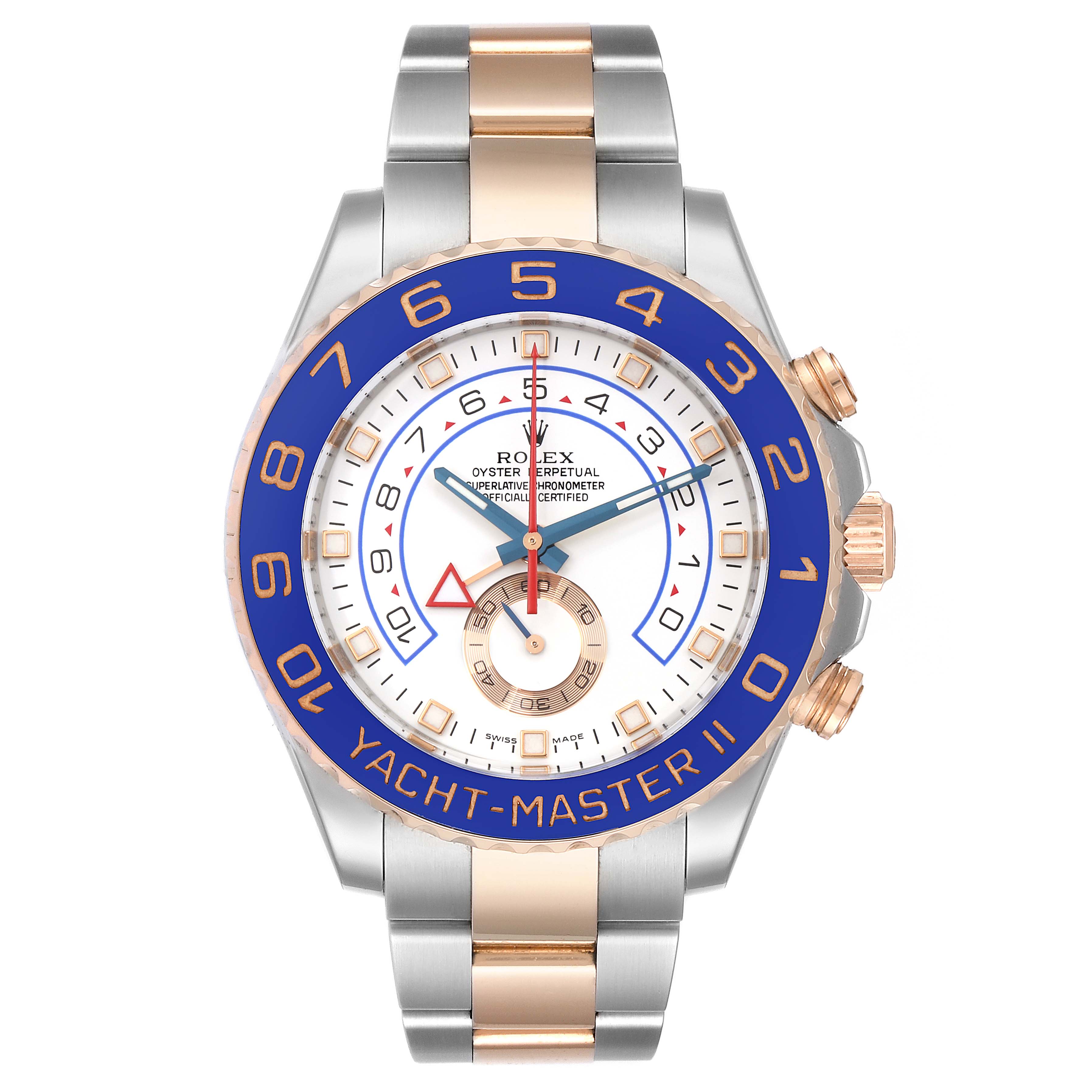The image shows a front view of a Rolex Yacht-Master 116681 Men
s Steel and Gold (two tone) White Dial 116681 Men
s Steel and Gold (two tone) White Dial II watch, displaying the dial, bezel, and bracelet.