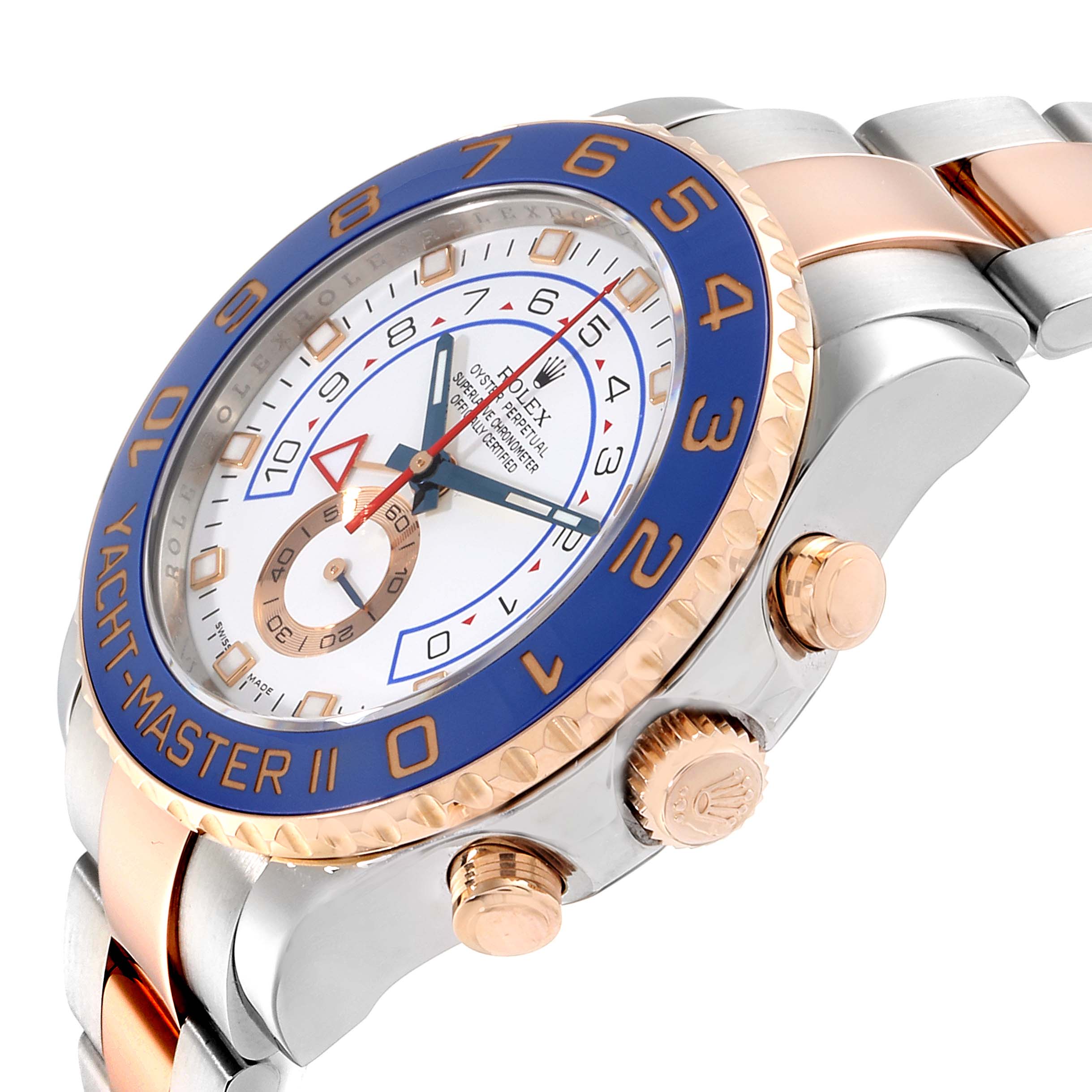 The image shows a close-up side angle of the Rolex Yacht-Master 116681 Men
s Steel and Gold (two tone) White Dial 116681 Men
s Steel and Gold (two tone) White Dial II watch, highlighting the bezel, crown, and part of the bracelet.