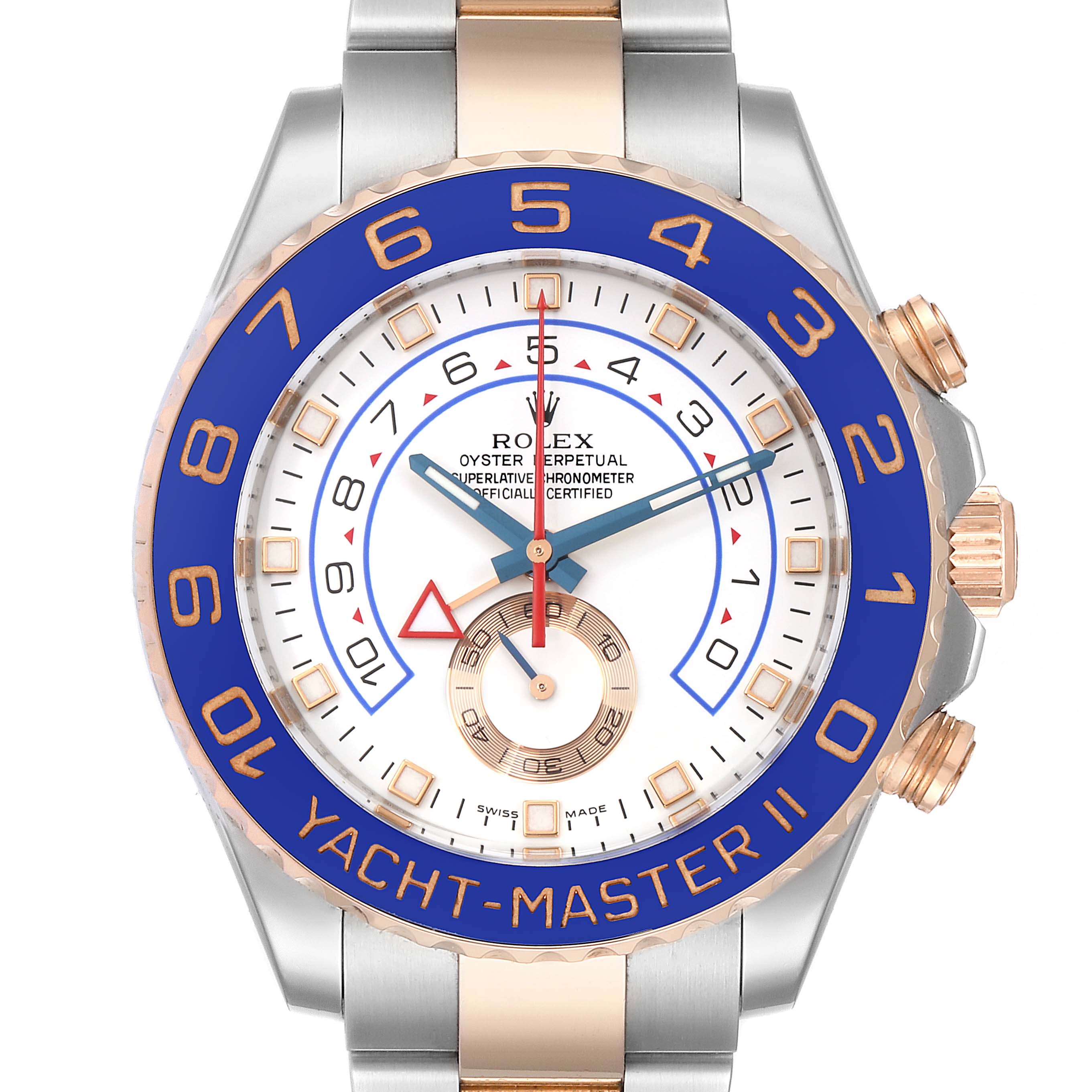 The image shows a front view of a Rolex Yacht-Master 116681 Men
s Steel and Gold (two tone) White Dial 116681 Men
s Steel and Gold (two tone) White Dial II watch, highlighting its face, bezel, and part of its bracelet.