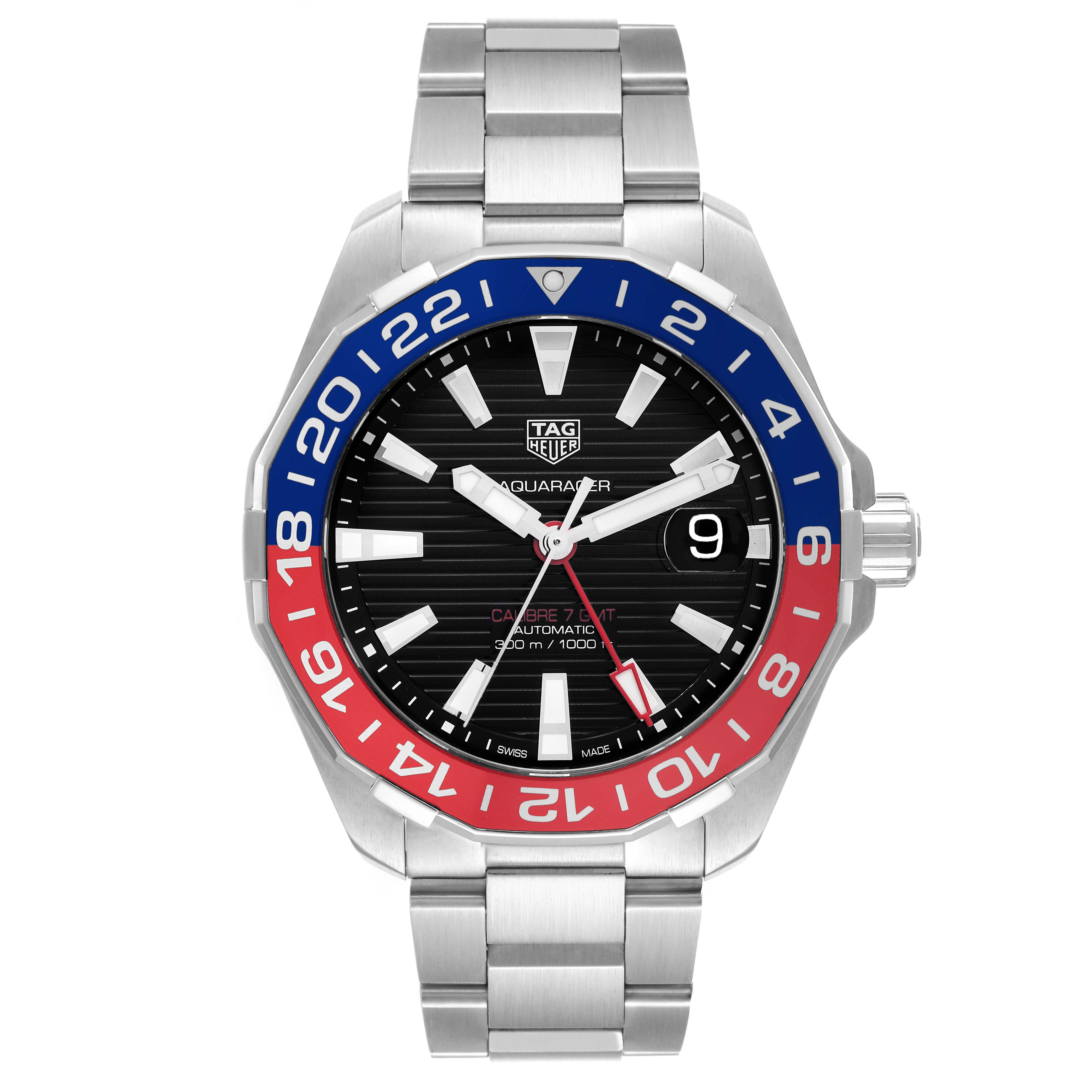 The image shows a front view of the Tag Heuer Aquaracer WAY201F Men's Stainless Steel Black Dial WAY201F Men's Stainless Steel Black Dial watch, highlighting its bezel, dial, hands, and bracelet.