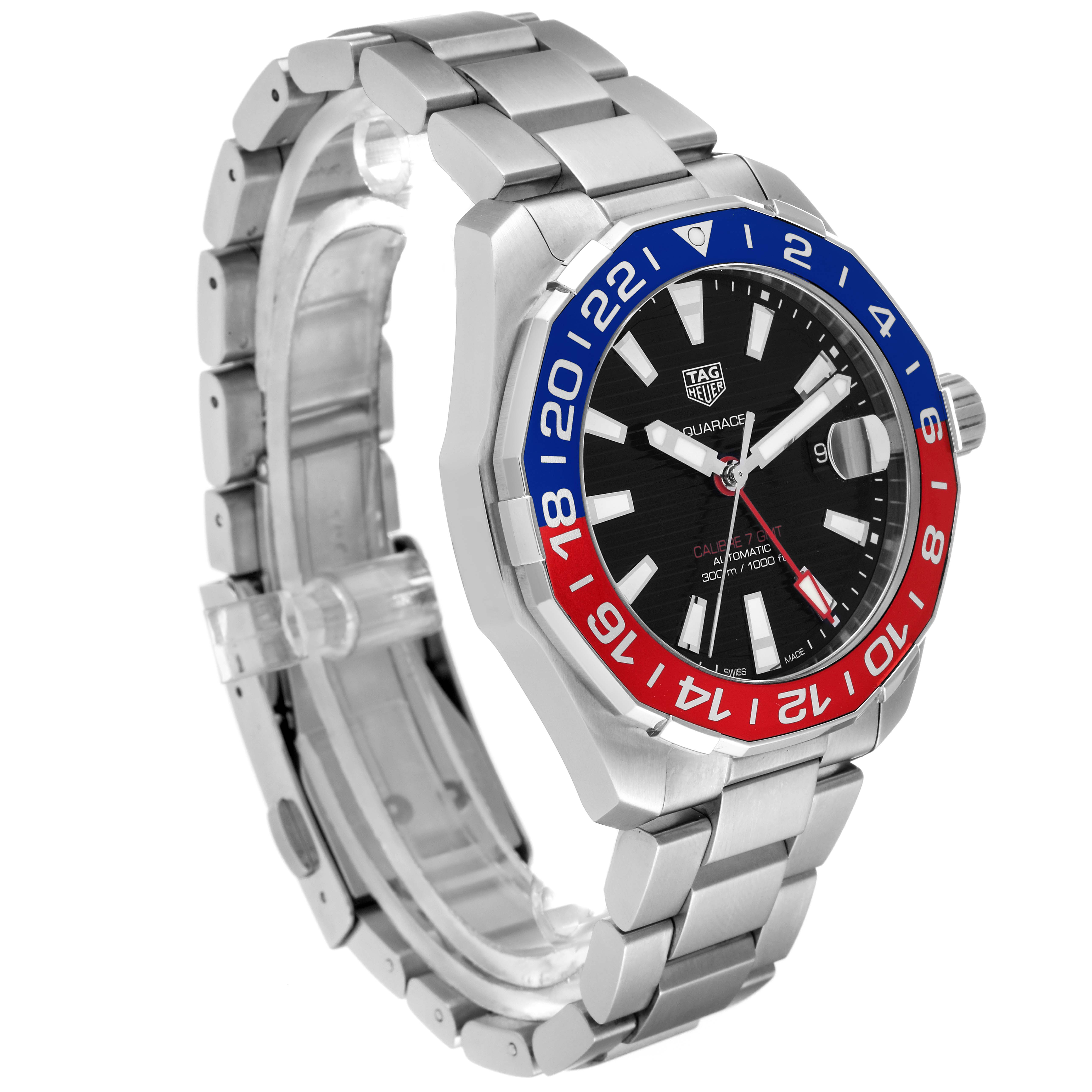 The Tag Heuer Aquaracer WAY201F Men's Stainless Steel Black Dial WAY201F Men's Stainless Steel Black Dial watch is shown from a three-quarter angle, highlighting its bezel, dial, and metal bracelet.