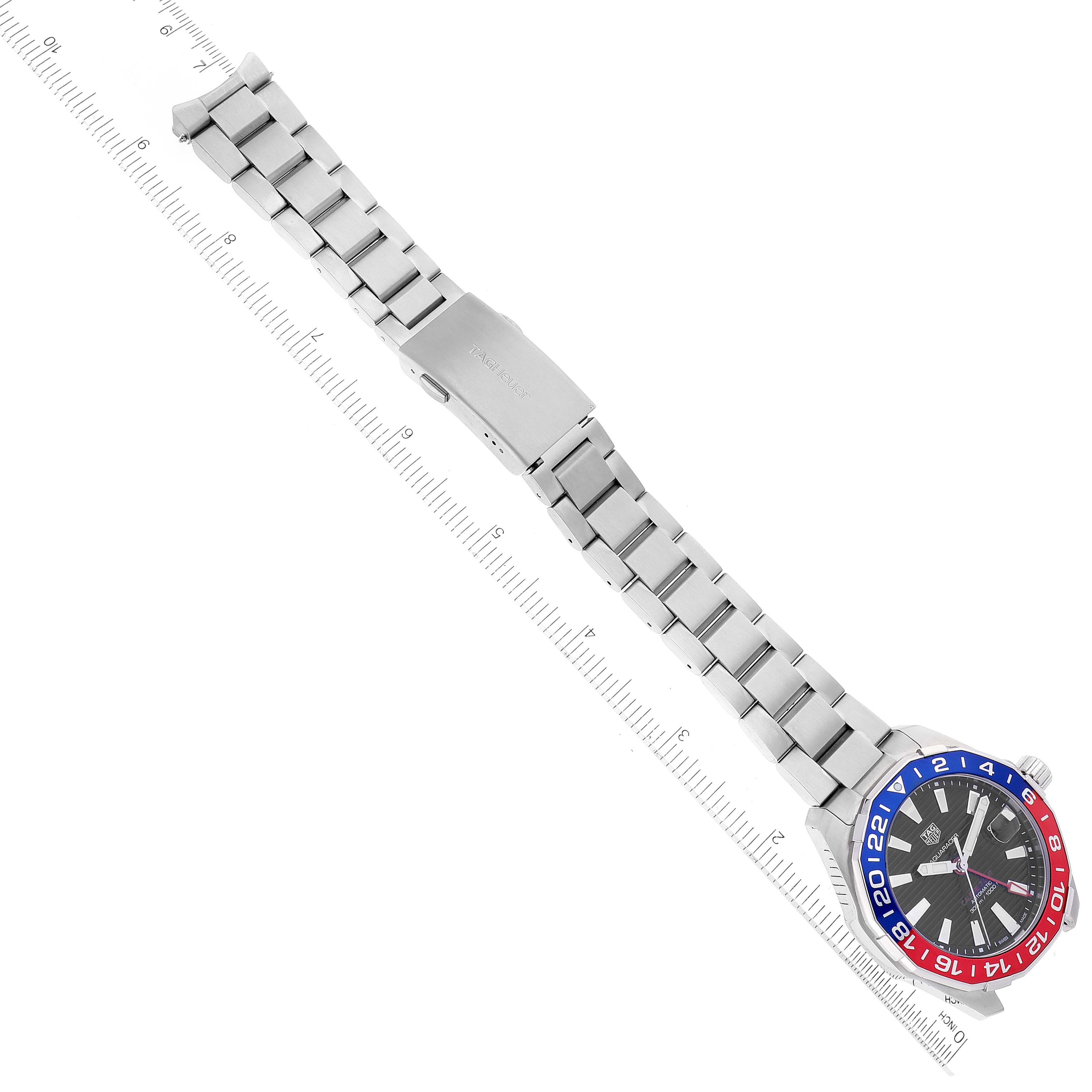 The image shows the Tag Heuer Aquaracer WAY201F Men's Stainless Steel Black Dial WAY201F Men's Stainless Steel Black Dial watch laid flat with a visible bezel, dial, bracelet, and clasp, viewed from above.