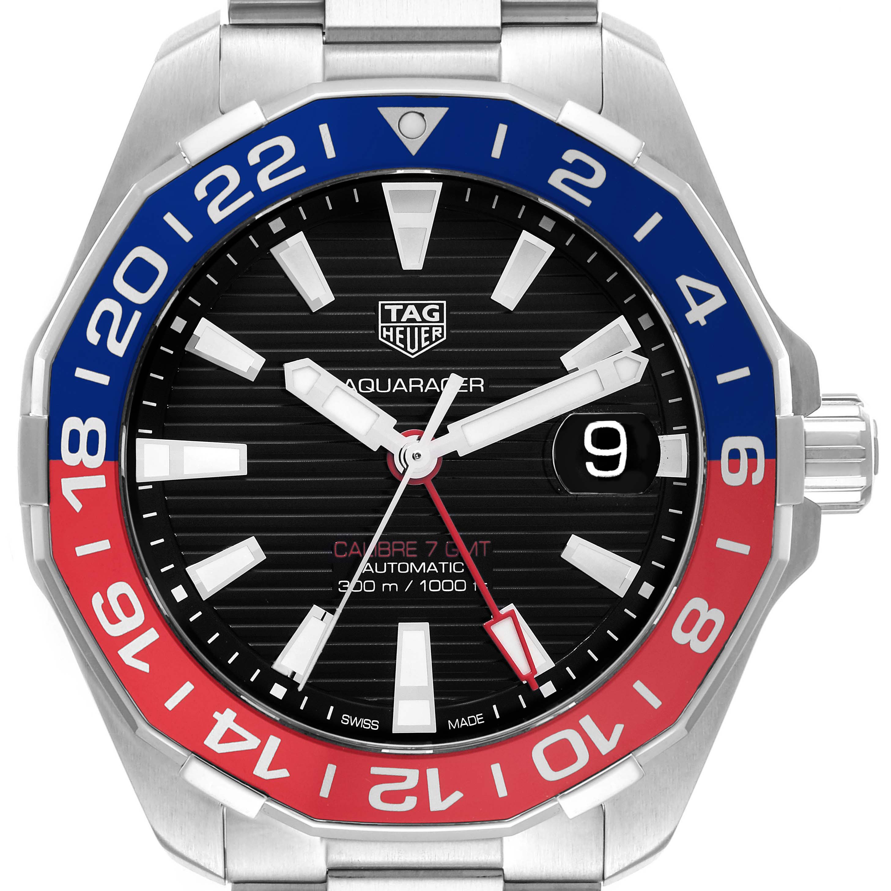 The image shows a Tag Heuer Aquaracer WAY201F Men's Stainless Steel Black Dial WAY201F Men's Stainless Steel Black Dial watch, front view, highlighting the dial, bezel, hands, and date display.