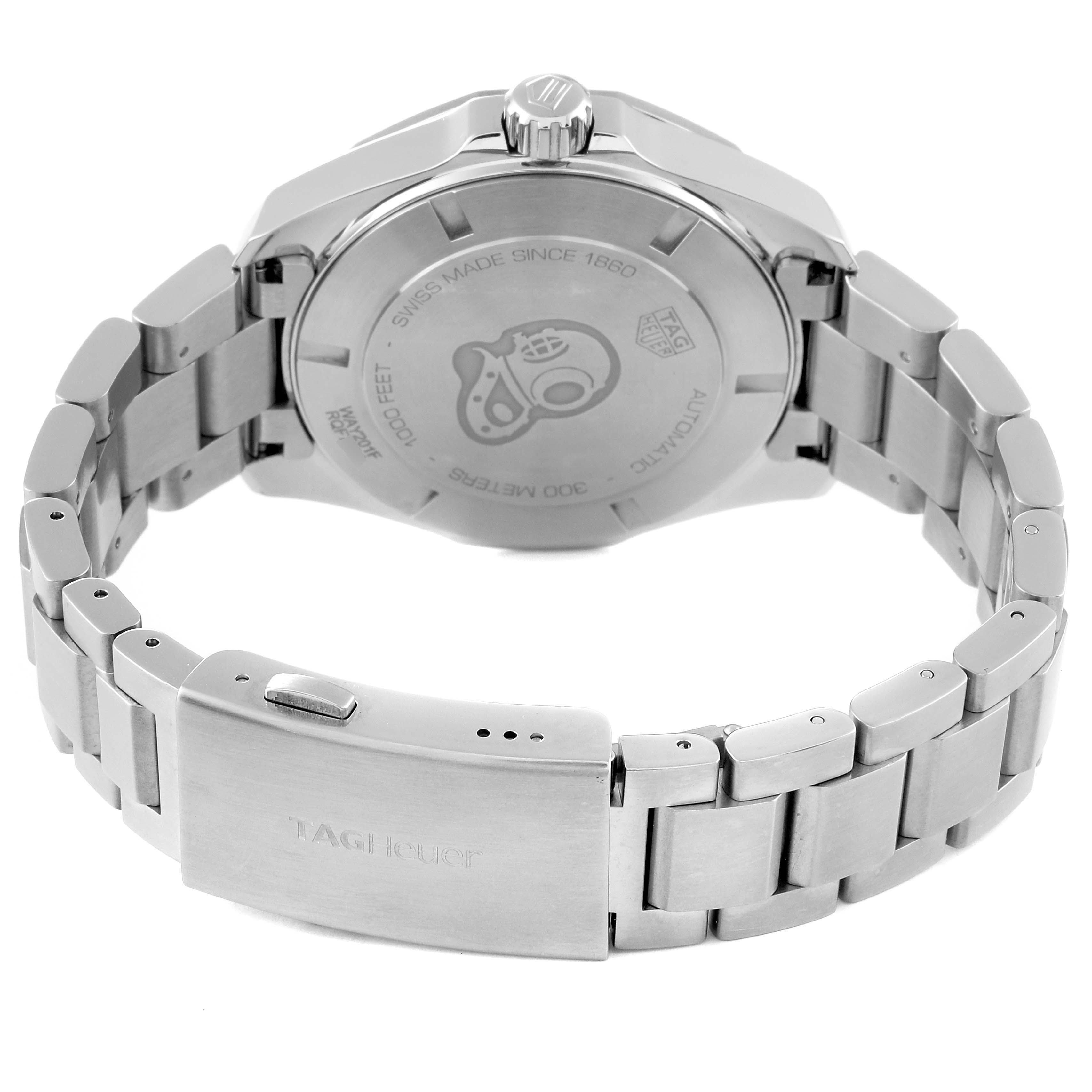 The image shows the back case, crown, and clasp of a Tag Heuer Aquaracer WAY201F Men's Stainless Steel Black Dial WAY201F Men's Stainless Steel Black Dial watch from a rear angle.