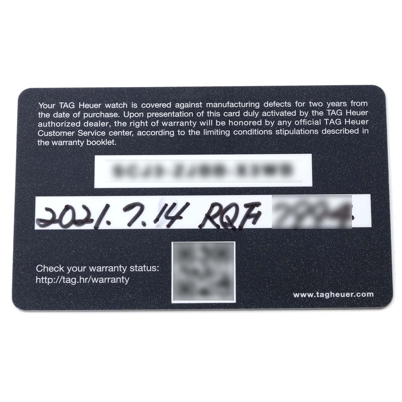 This image shows a Tag Heuer Aquaracer WAY201F Men's Stainless Steel Black Dial WAY201F Men's Stainless Steel Black Dial model warranty card, displaying purchase date and dealer information, viewed from above.