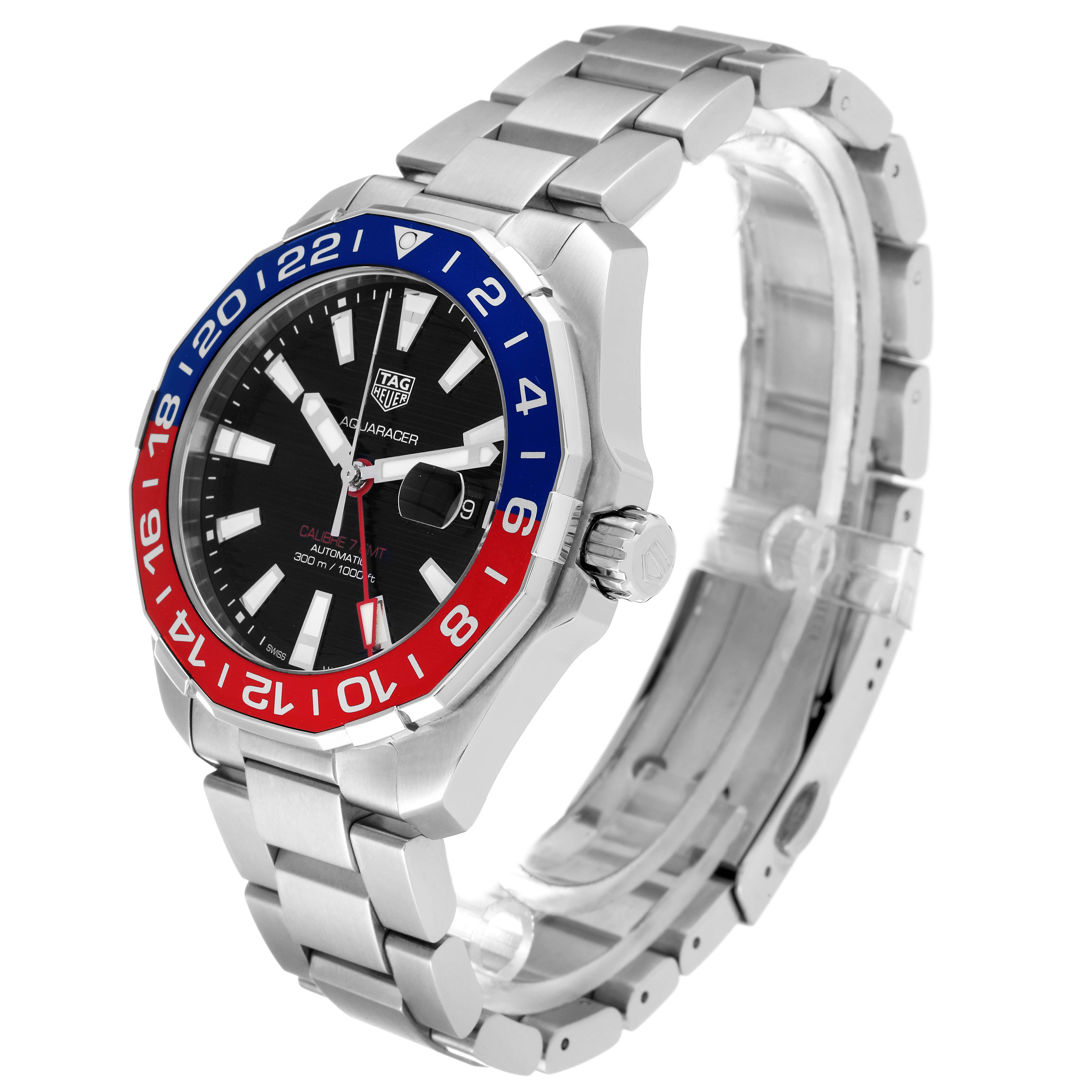 The Tag Heuer Aquaracer WAY201F Men's Stainless Steel Black Dial WAY201F Men's Stainless Steel Black Dial watch is shown from a front-left angle, displaying the face, bezel, crown, and bracelet.