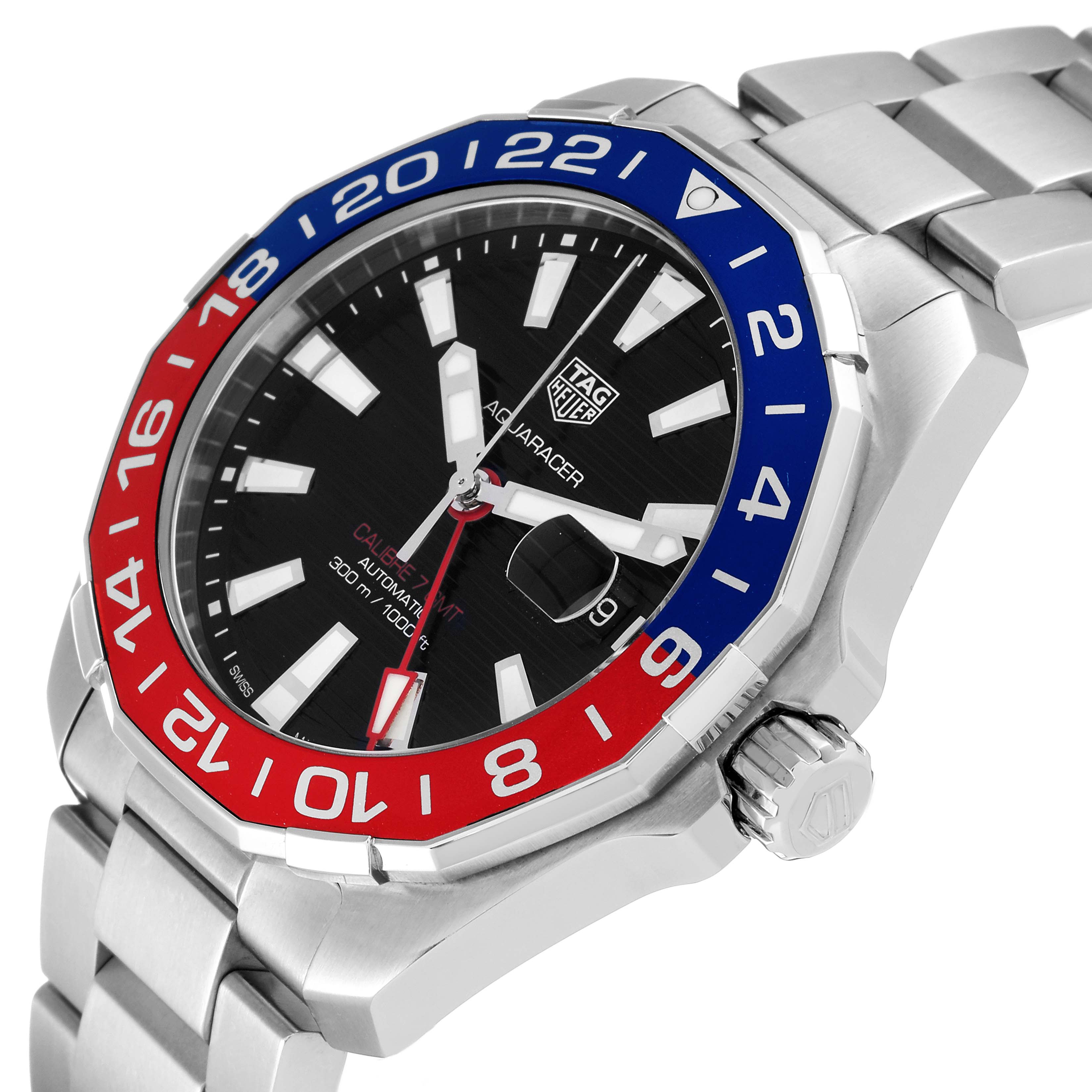The image shows a side angle of a Tag Heuer Aquaracer WAY201F Men's Stainless Steel Black Dial WAY201F Men's Stainless Steel Black Dial watch, highlighting the bezel, dial, crown, and part of the bracelet.