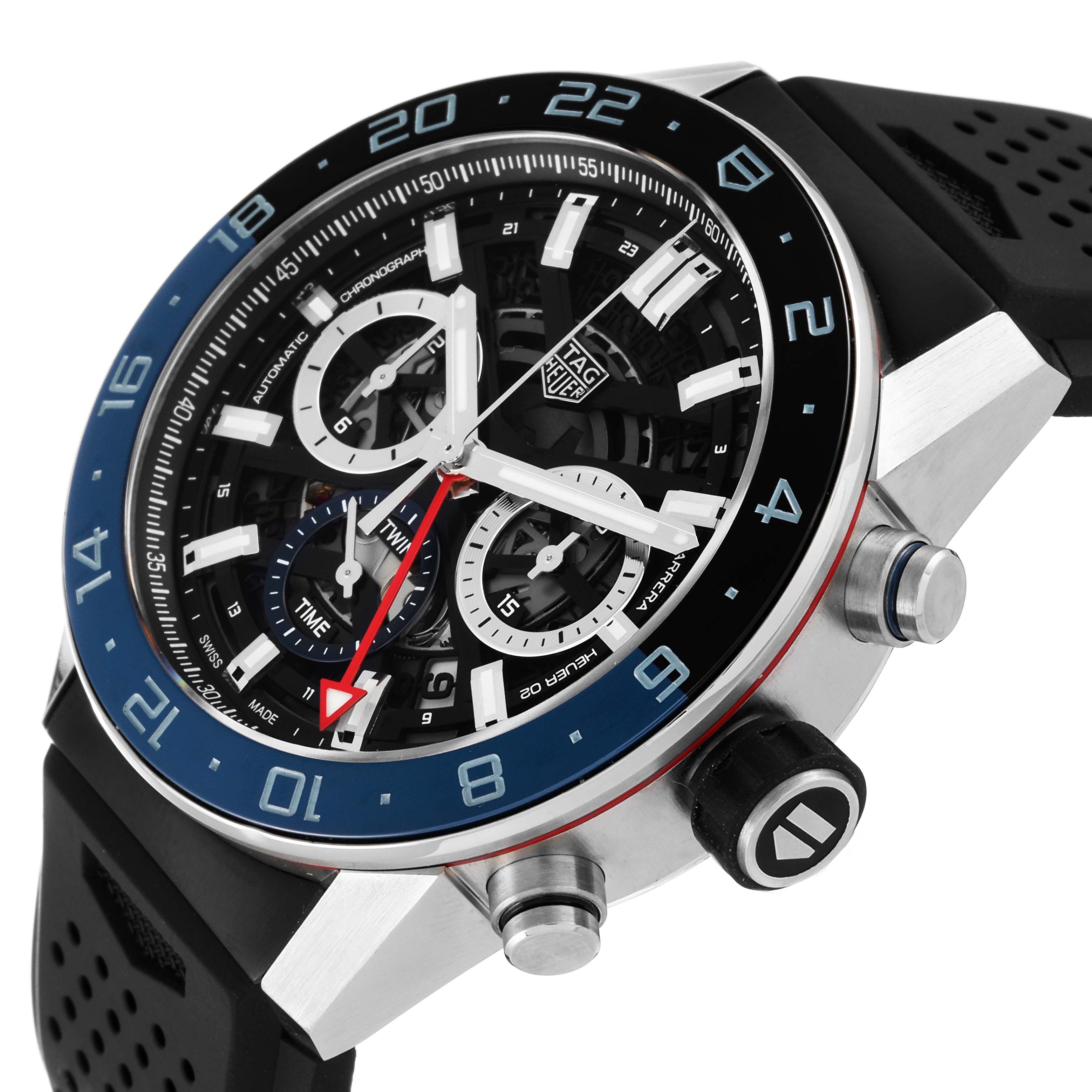 This is a close-up angled view of the Tag Heuer Carrera CBG2A1Z.BA0658 Men's Stainless Steel Transparent Dial CBG2A1Z.BA0658 Men's Stainless Steel Transparent Dial watch, showing the face, crown, and part of the strap.