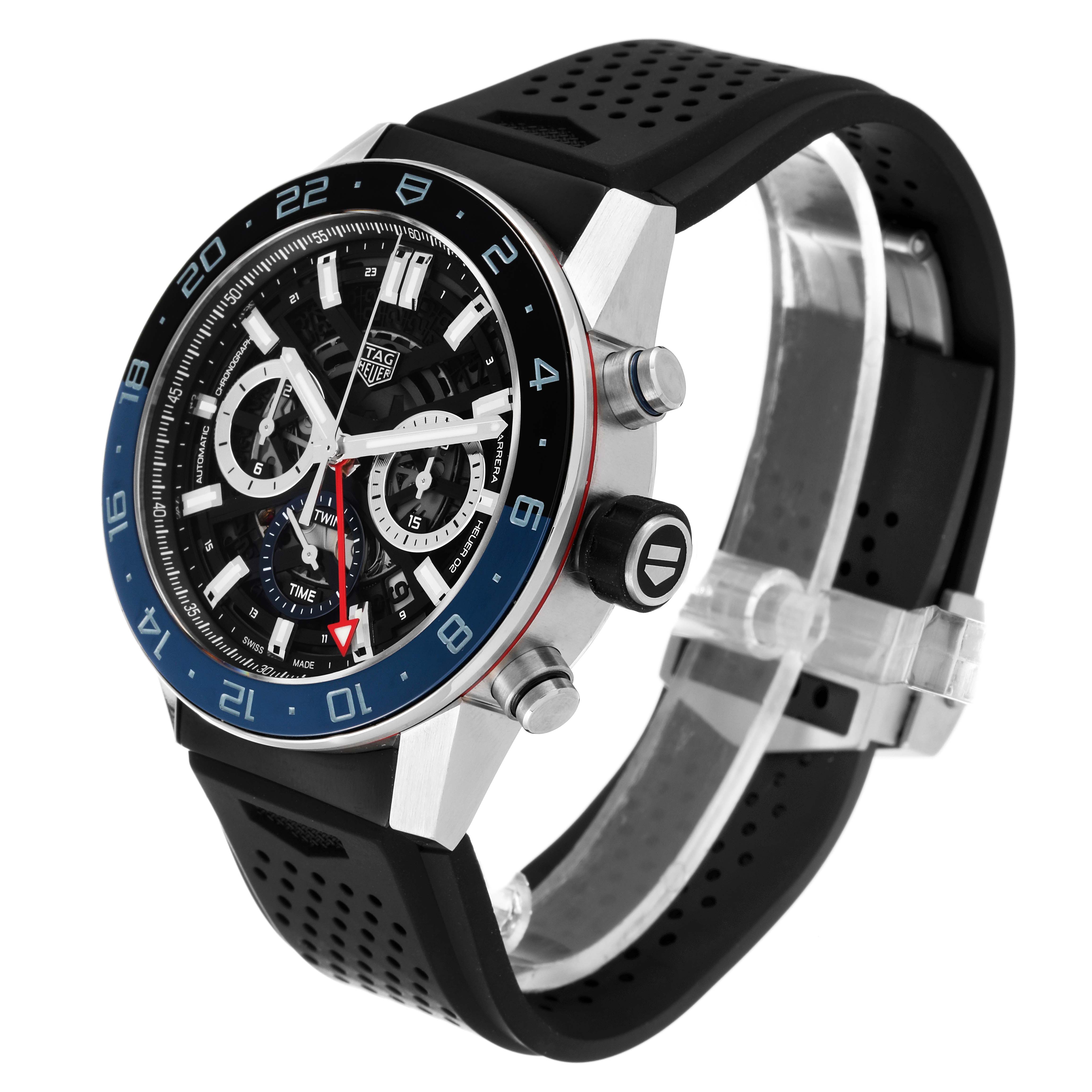 The image shows a Tag Heuer Carrera CBG2A1Z.BA0658 Men's Stainless Steel Transparent Dial CBG2A1Z.BA0658 Men's Stainless Steel Transparent Dial model watch at a three-quarter angle, highlighting the face, bezel, and strap.