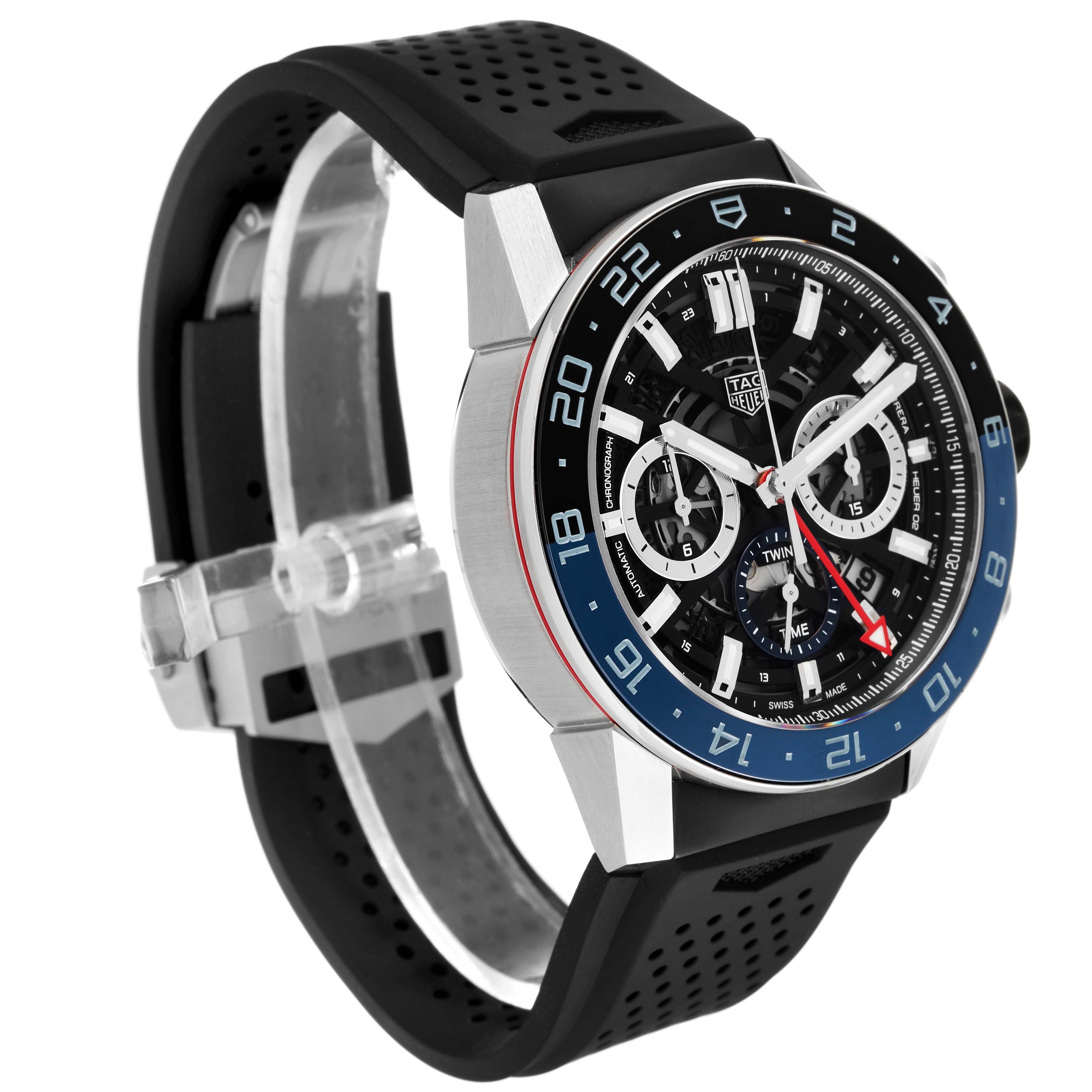 The image shows a side angle of the Tag Heuer Carrera CBG2A1Z.BA0658 Men's Stainless Steel Transparent Dial CBG2A1Z.BA0658 Men's Stainless Steel Transparent Dial watch, highlighting its dial, bezel, and black perforated strap.