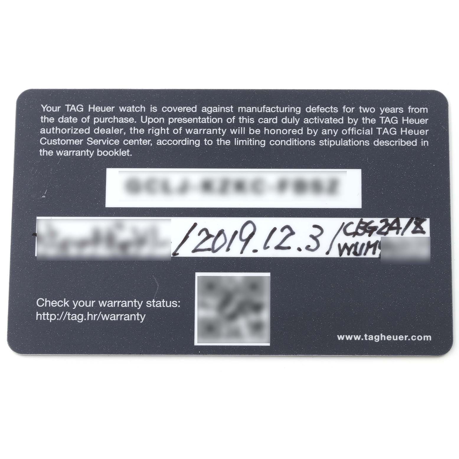 This image shows the warranty card for a Tag Heuer Carrera CBG2A1Z.BA0658 Men's Stainless Steel Transparent Dial CBG2A1Z.BA0658 Men's Stainless Steel Transparent Dial model watch, including warranty terms and a URL for status checks.