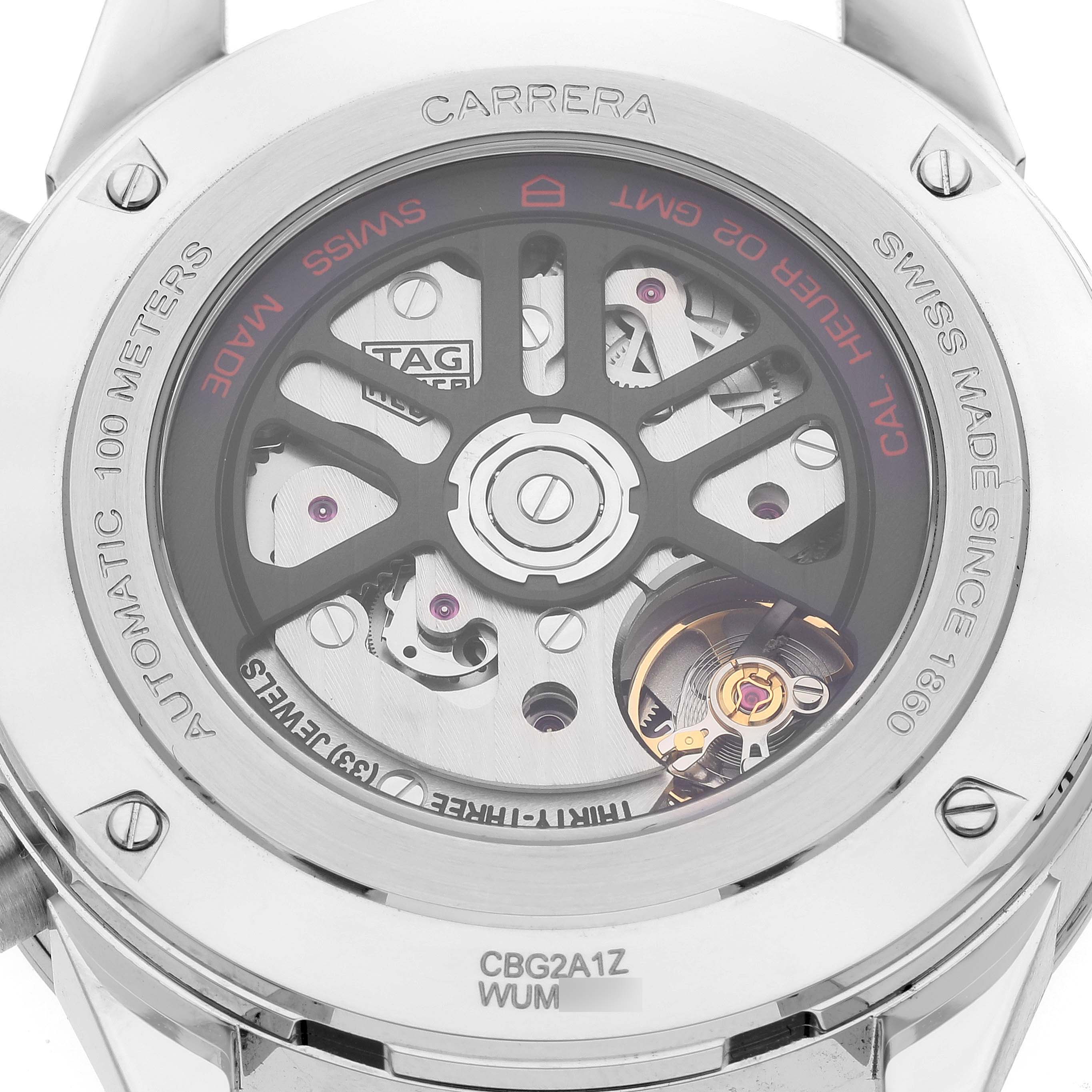 The image shows the back side of the Tag Heuer Carrera CBG2A1Z.BA0658 Men's Stainless Steel Transparent Dial CBG2A1Z.BA0658 Men's Stainless Steel Transparent Dial watch, revealing its automatic movement and inner mechanisms.