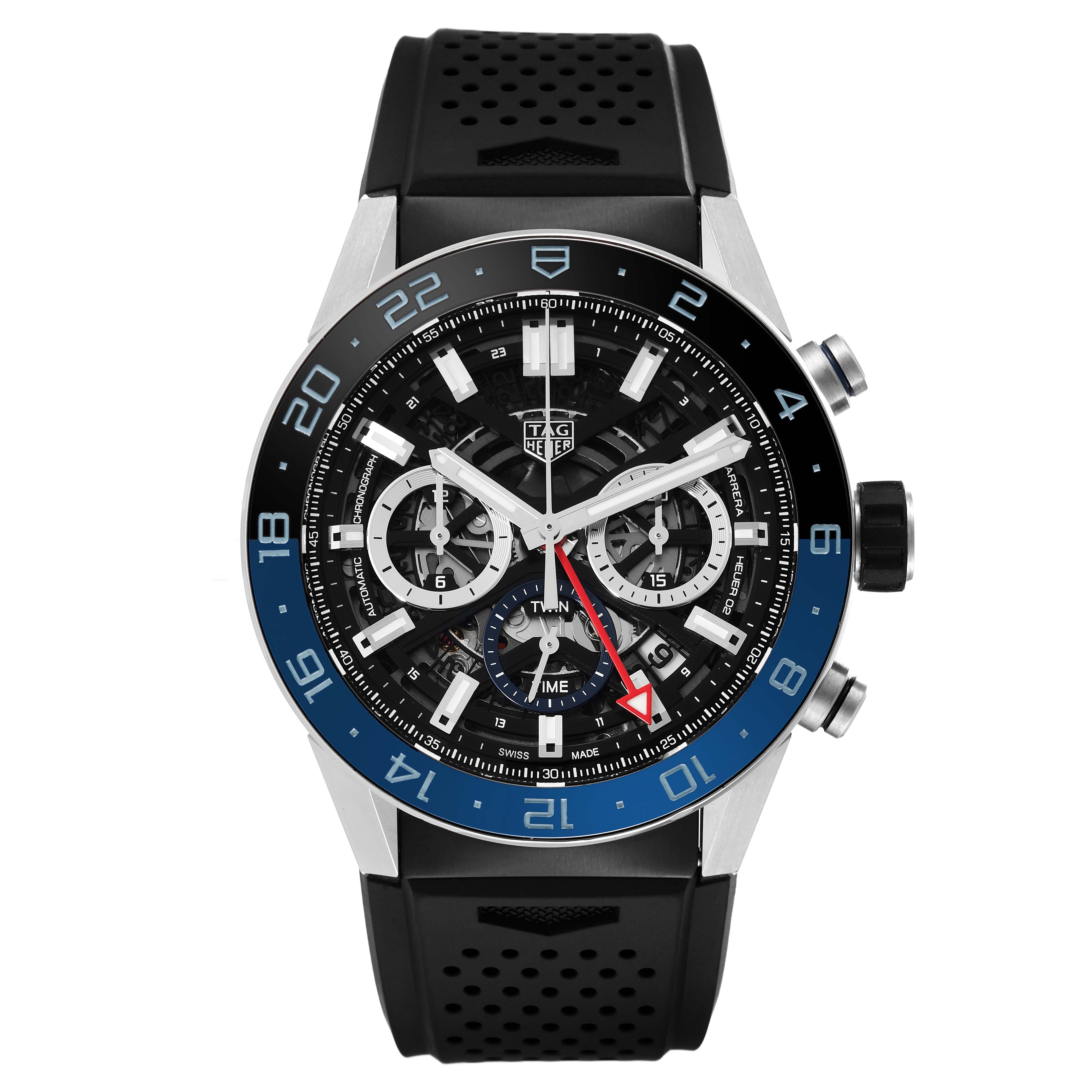 The image shows a frontal view of a Tag Heuer Carrera CBG2A1Z.BA0658 Men's Stainless Steel Transparent Dial CBG2A1Z.BA0658 Men's Stainless Steel Transparent Dial model watch with a black rubber strap and blue-black bezel.