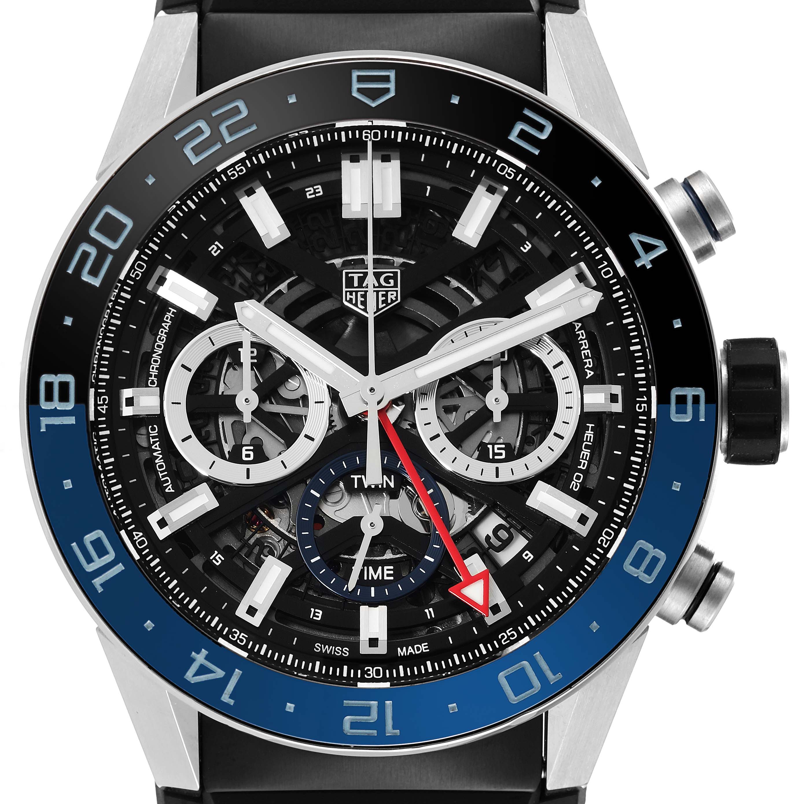 The image shows a front view of the Tag Heuer Carrera CBG2A1Z.BA0658 Men's Stainless Steel Transparent Dial CBG2A1Z.BA0658 Men's Stainless Steel Transparent Dial model watch, including the dial, bezel, and chronograph sub-dials.