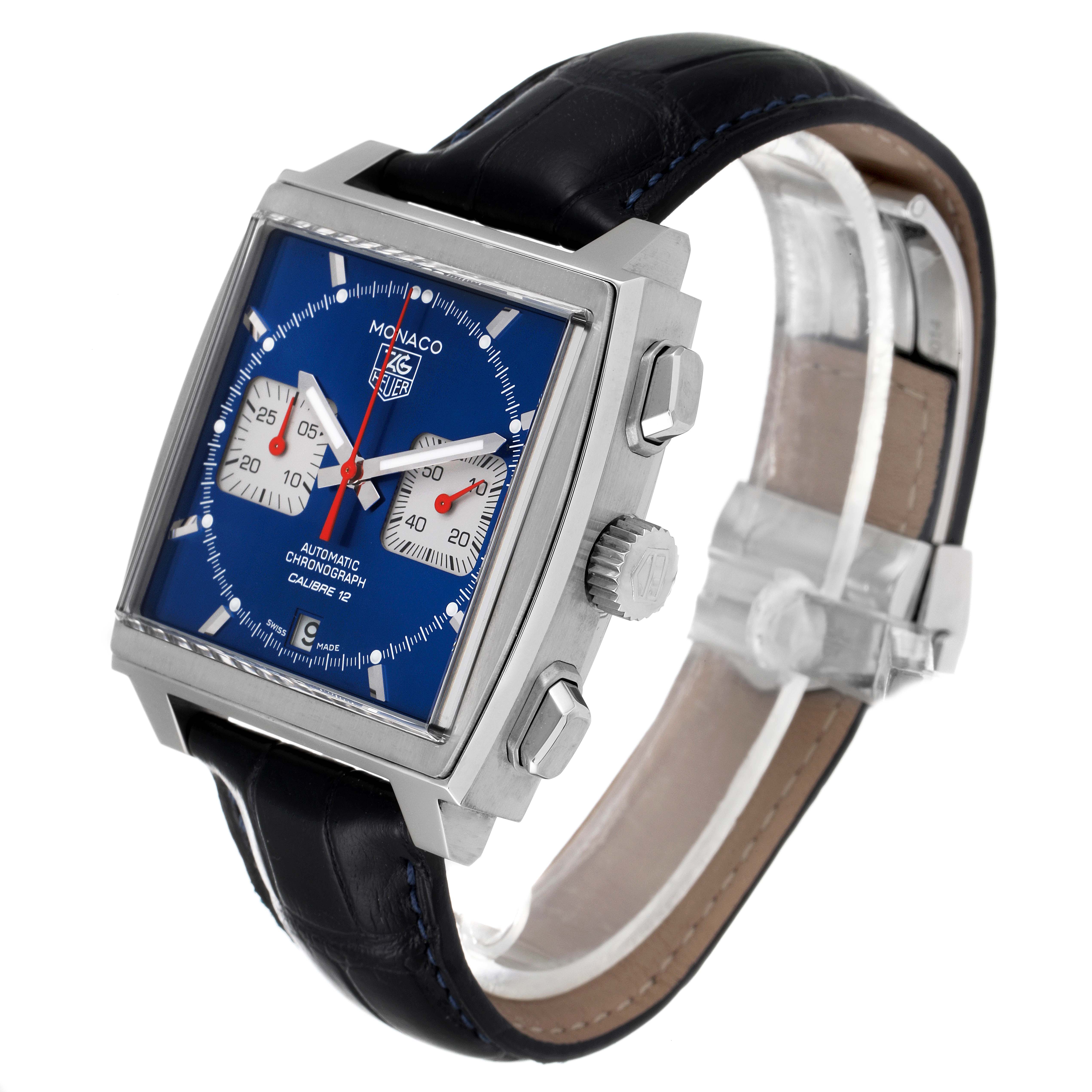 This image shows a Tag Heuer Monaco CAW2111 Men's Stainless Steel Blue Dial CAW2111 Men's Stainless Steel Blue Dial watch at a slight angle, highlighting its blue dial, square case, and black leather strap.