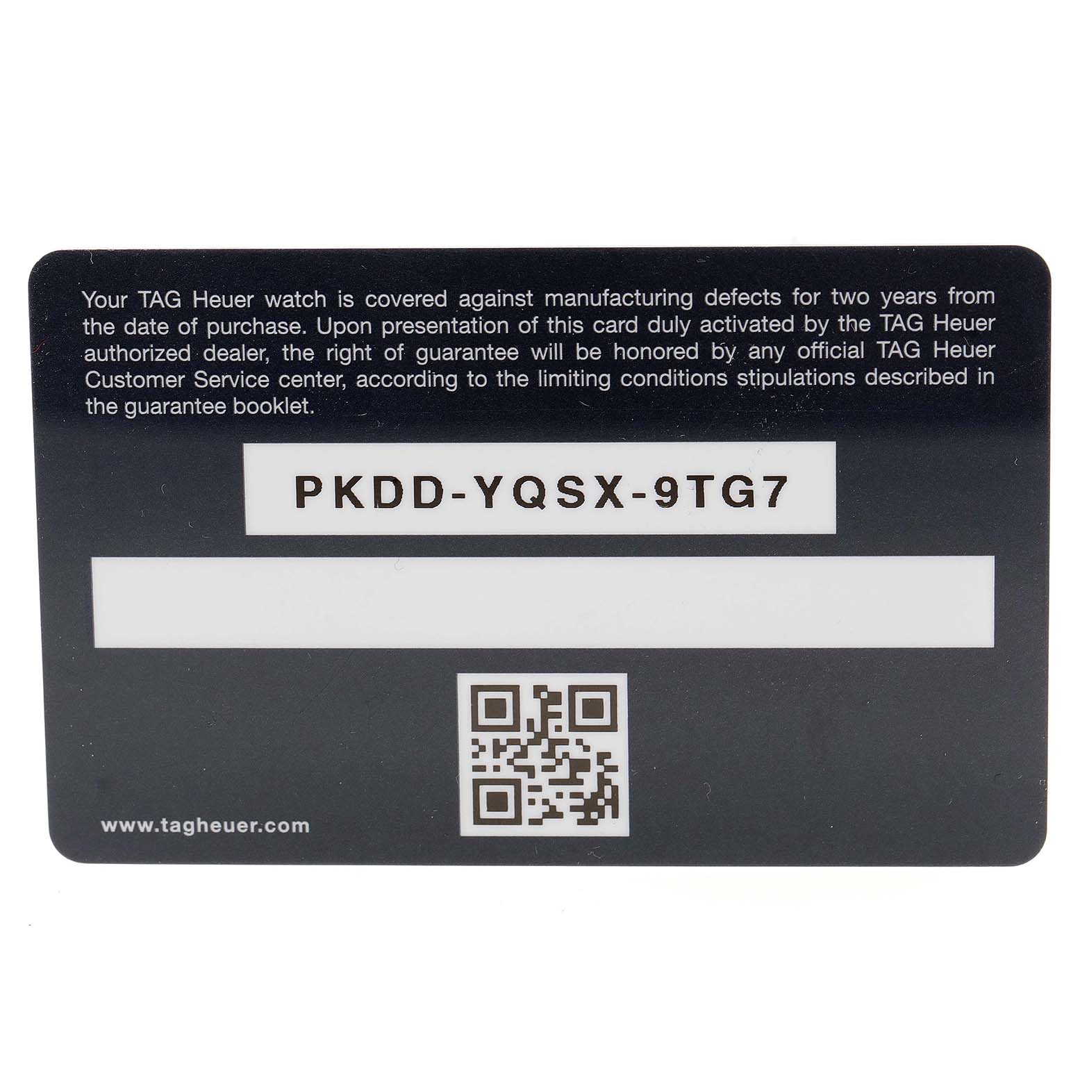 This is a warranty card for the Tag Heuer Monaco CAW2111 Men's Stainless Steel Blue Dial CAW2111 Men's Stainless Steel Blue Dial model, showing the warranty policy, a code, and a QR code.