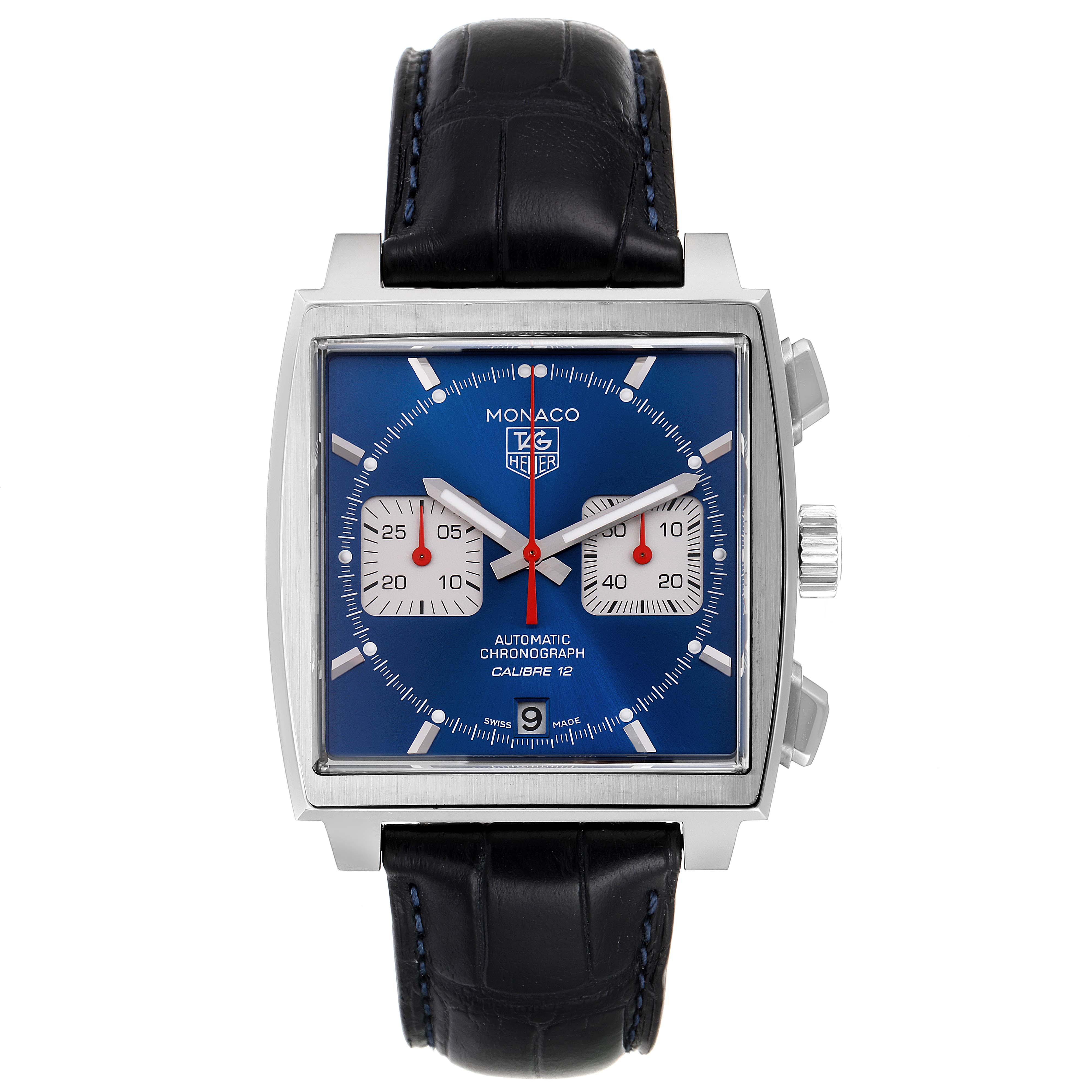 The image displays a front view of the Tag Heuer Monaco CAW2111 Men's Stainless Steel Blue Dial CAW2111 Men's Stainless Steel Blue Dial watch, showcasing its square dial, blue face, and black strap.