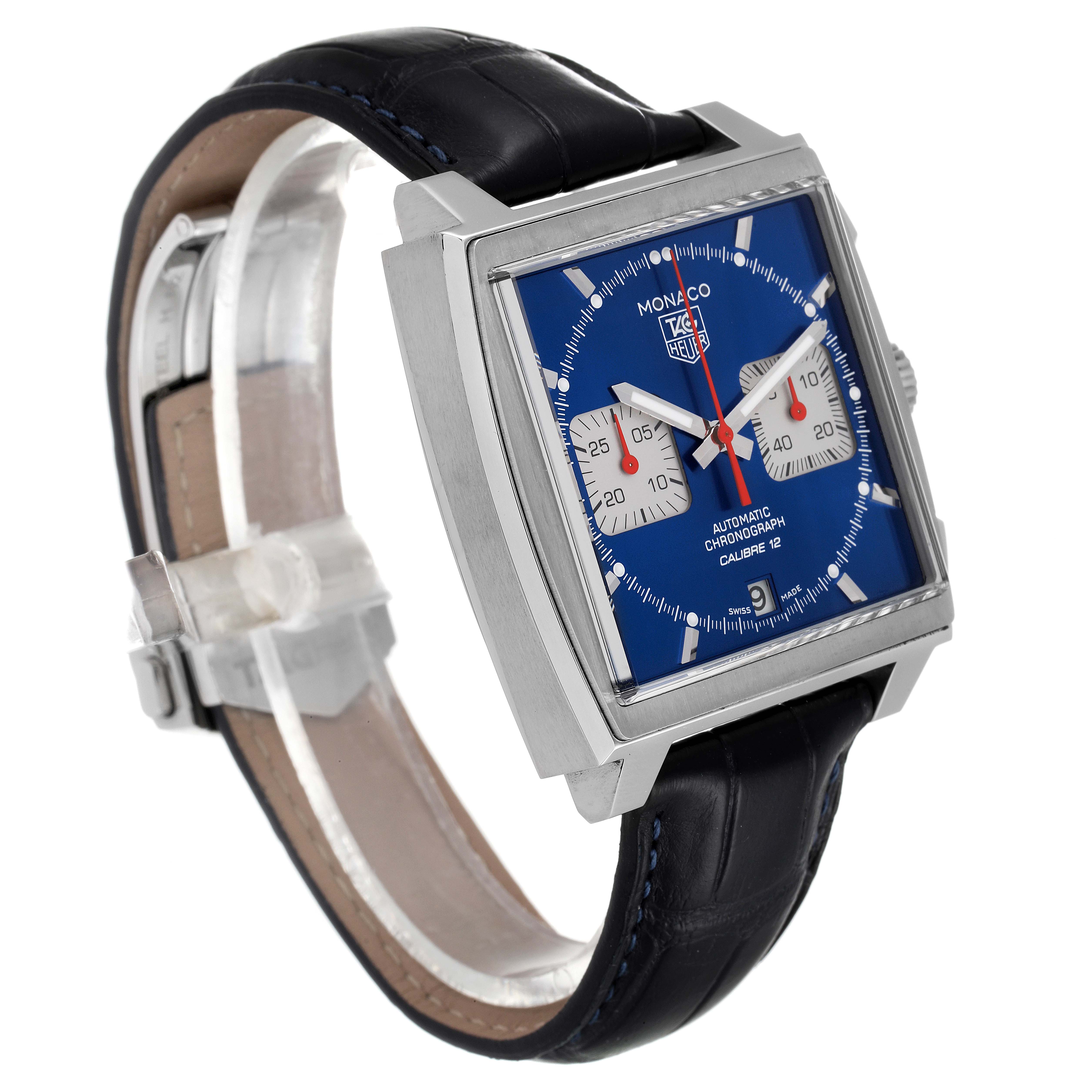 This image shows a side view of the Tag Heuer Monaco CAW2111 Men's Stainless Steel Blue Dial CAW2111 Men's Stainless Steel Blue Dial watch, featuring its square blue dial, chronograph, and leather strap.