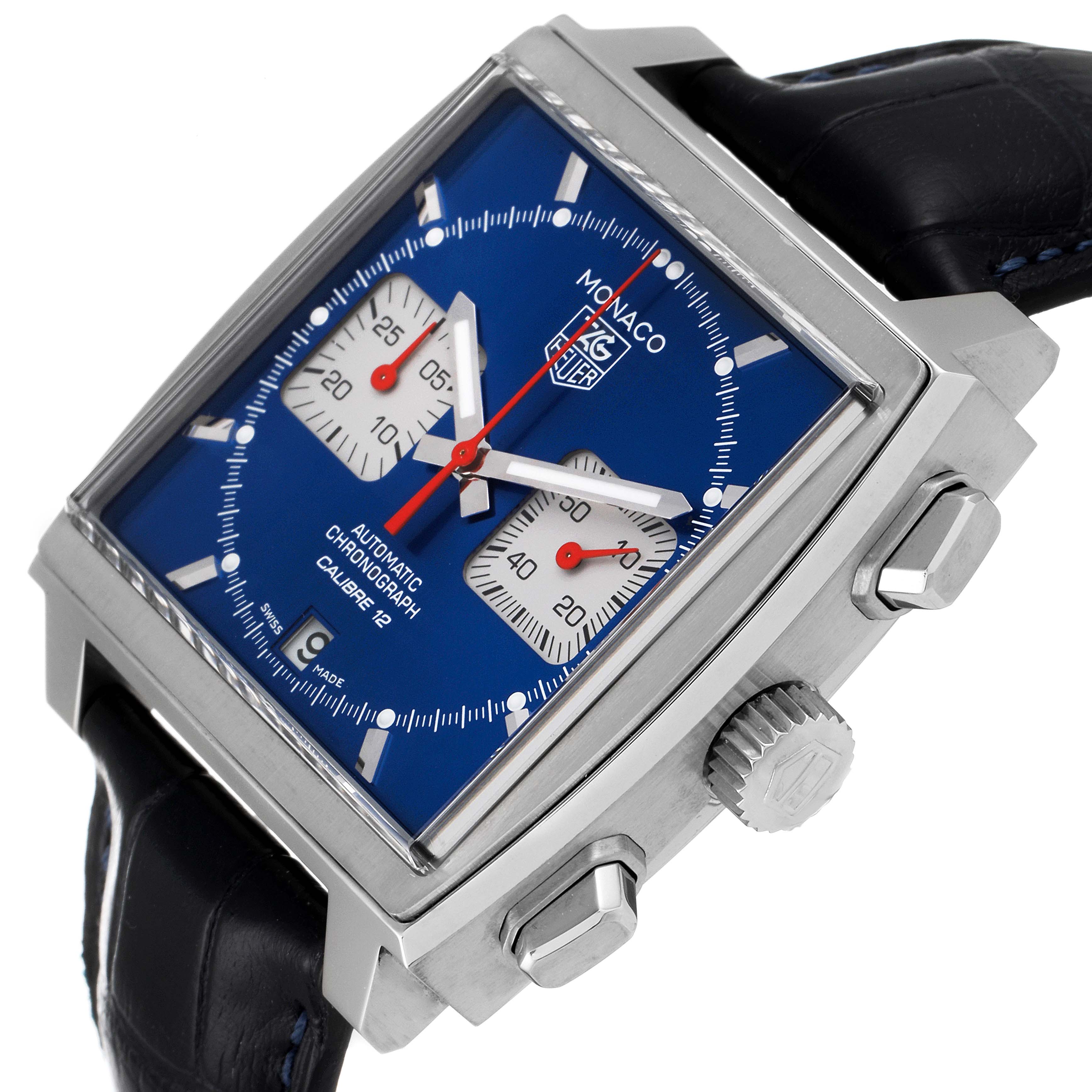 This image shows the Tag Heuer Monaco CAW2111 Men's Stainless Steel Blue Dial CAW2111 Men's Stainless Steel Blue Dial watch from an angled side view, highlighting its blue square dial and pushers.