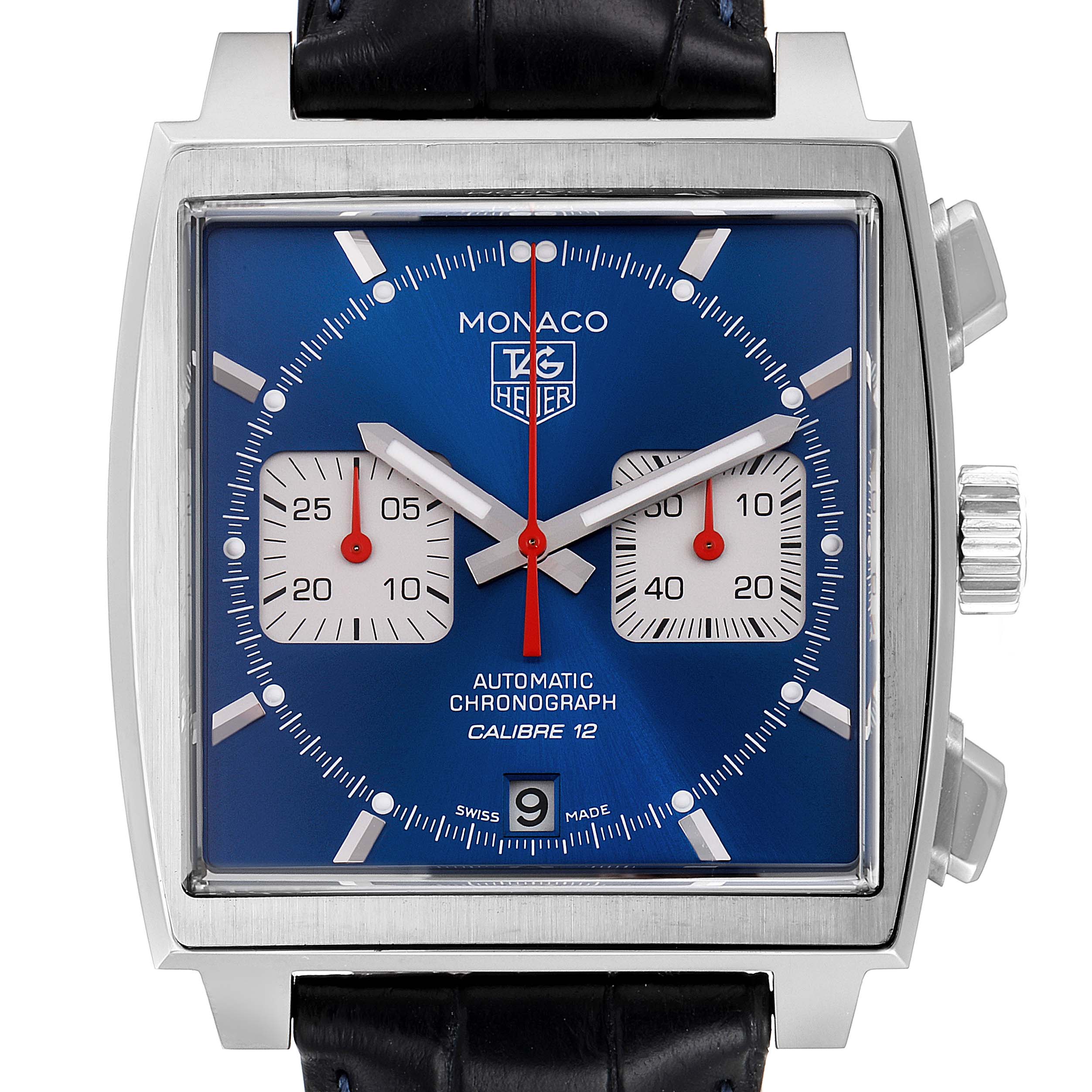 This image shows a front-view angle of the blue dial and square case of the Tag Heuer Monaco CAW2111 Men's Stainless Steel Blue Dial CAW2111 Men's Stainless Steel Blue Dial model watch.