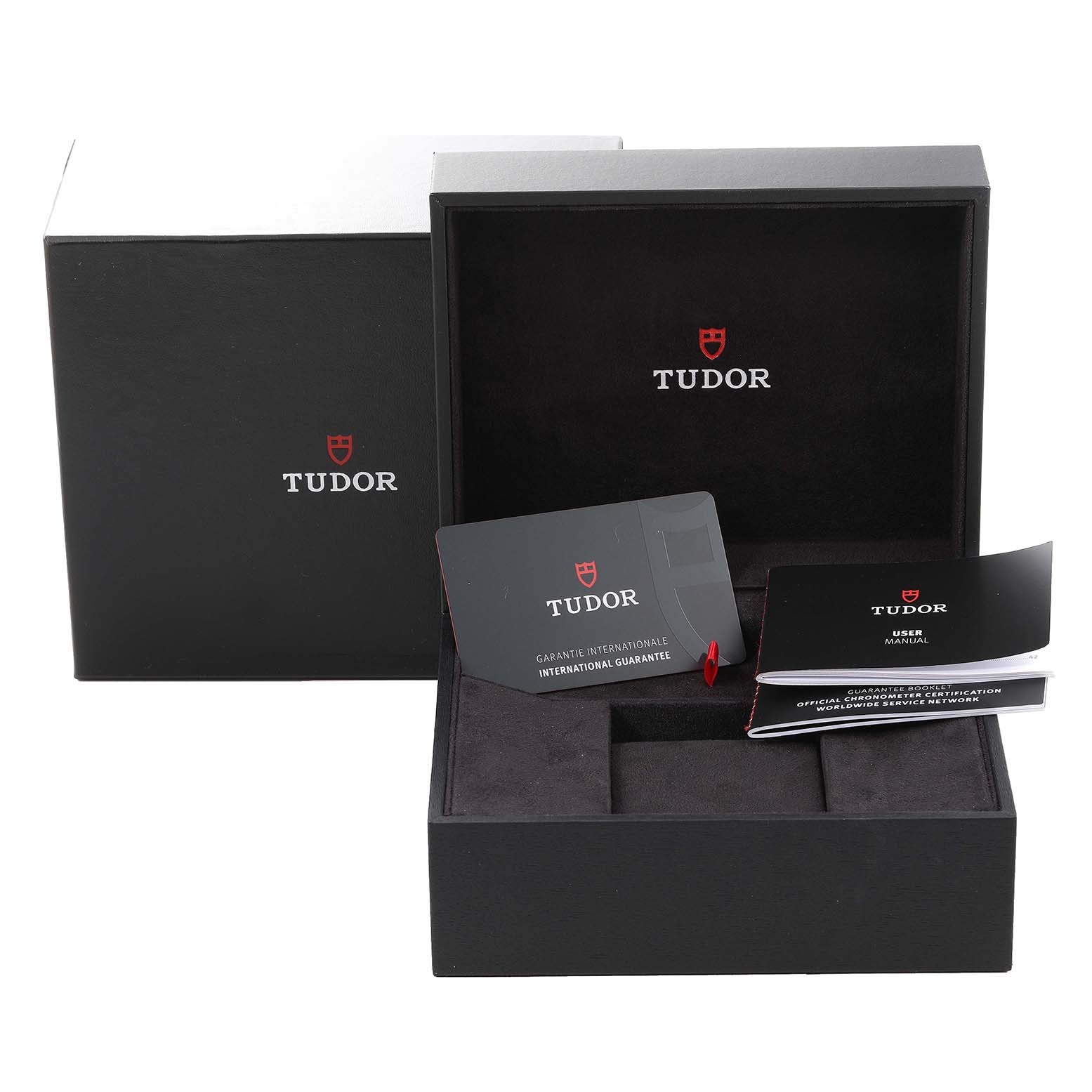 The image shows the open box, warranty card, and user manual for the Tudor Heritage Black Bay M79360N-0002 Men's Stainless Steel White Dial M79360N-0002 Men's Stainless Steel White Dial watch.