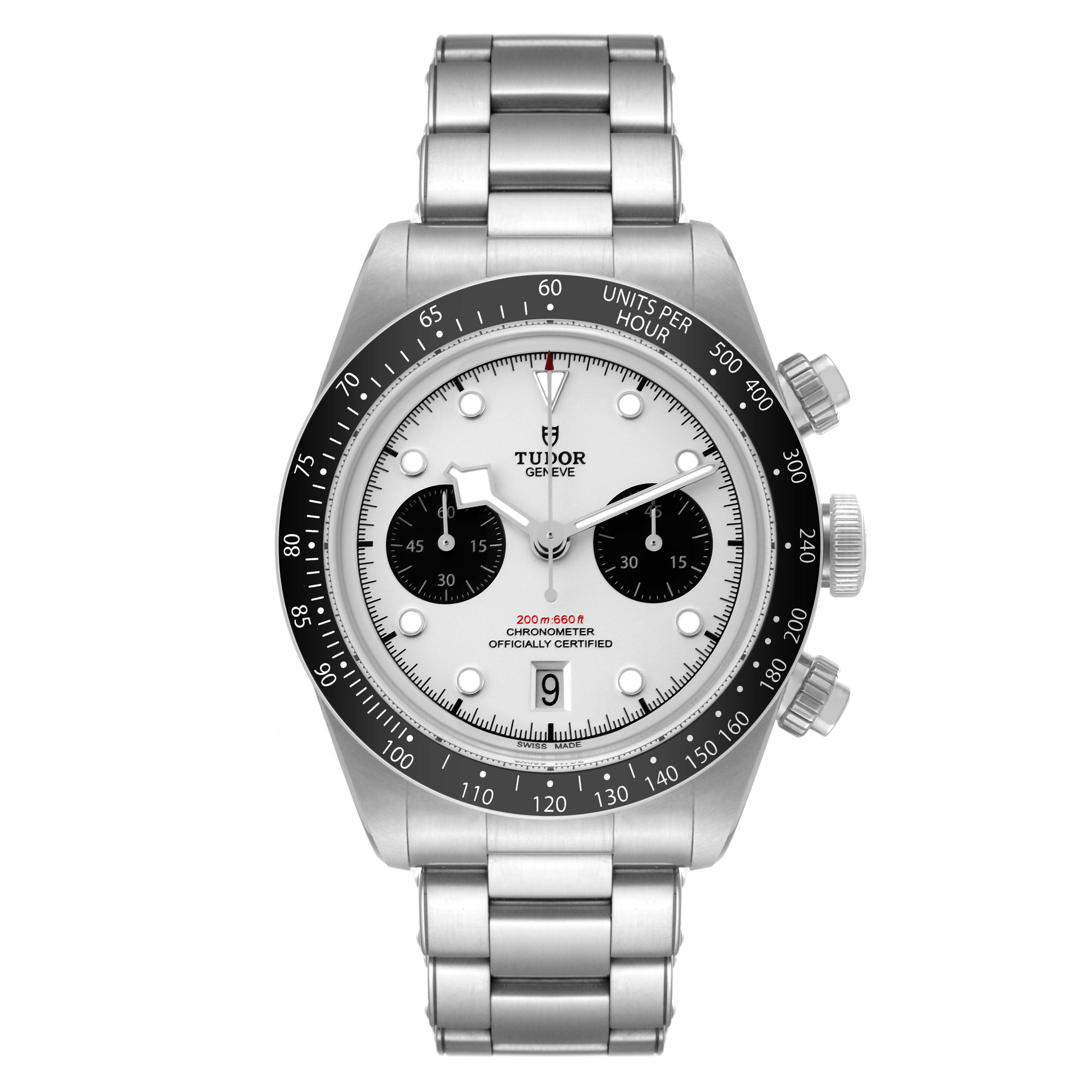 The image shows a front view of the Tudor Heritage Black Bay M79360N-0002 Men's Stainless Steel White Dial M79360N-0002 Men's Stainless Steel White Dial watch, displaying its dial, bezel, and bracelet.