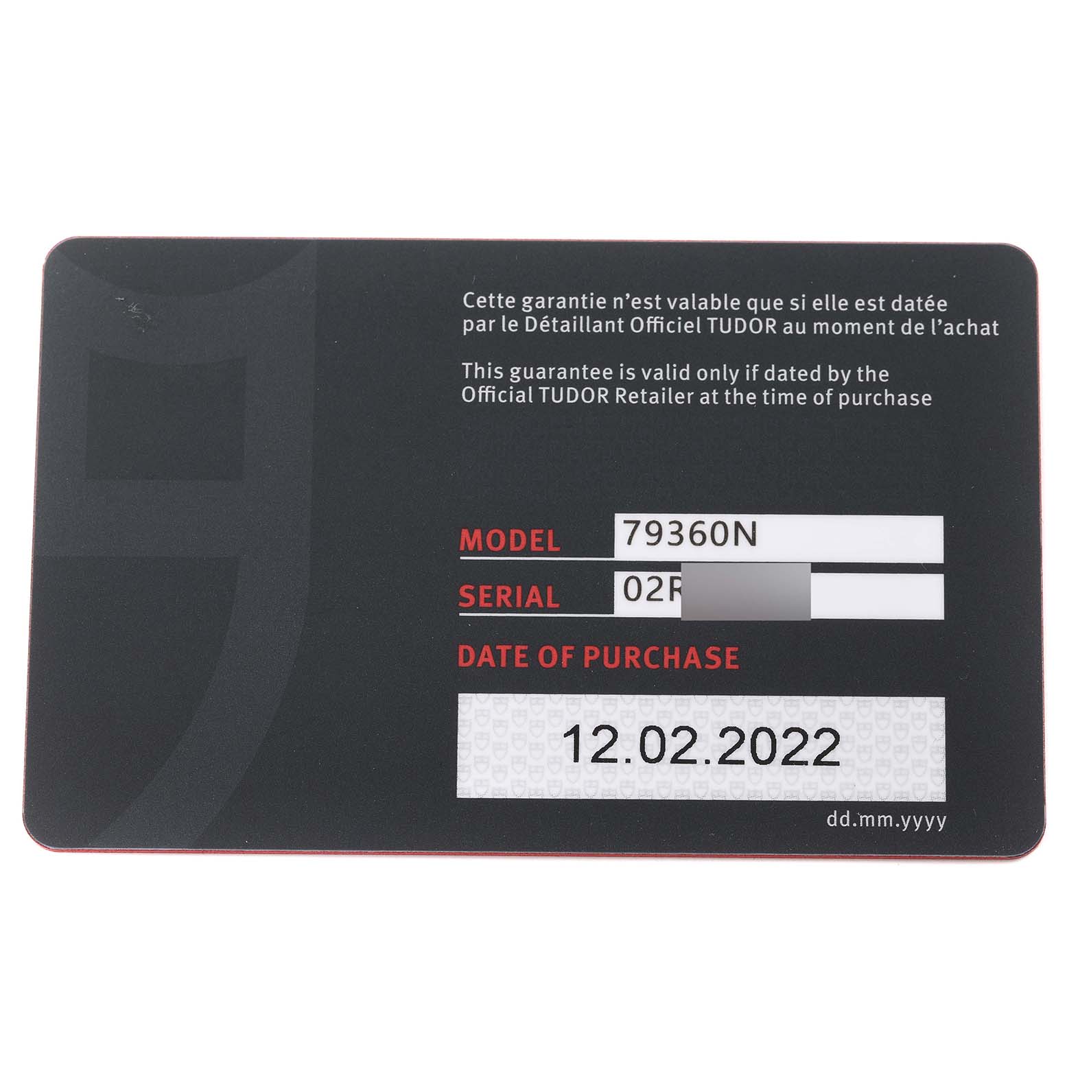 This is a warranty card for the Tudor Heritage Black Bay M79360N-0002 Men's Stainless Steel White Dial M79360N-0002 Men's Stainless Steel White Dial model 79360N, showing the serial number and purchase date.