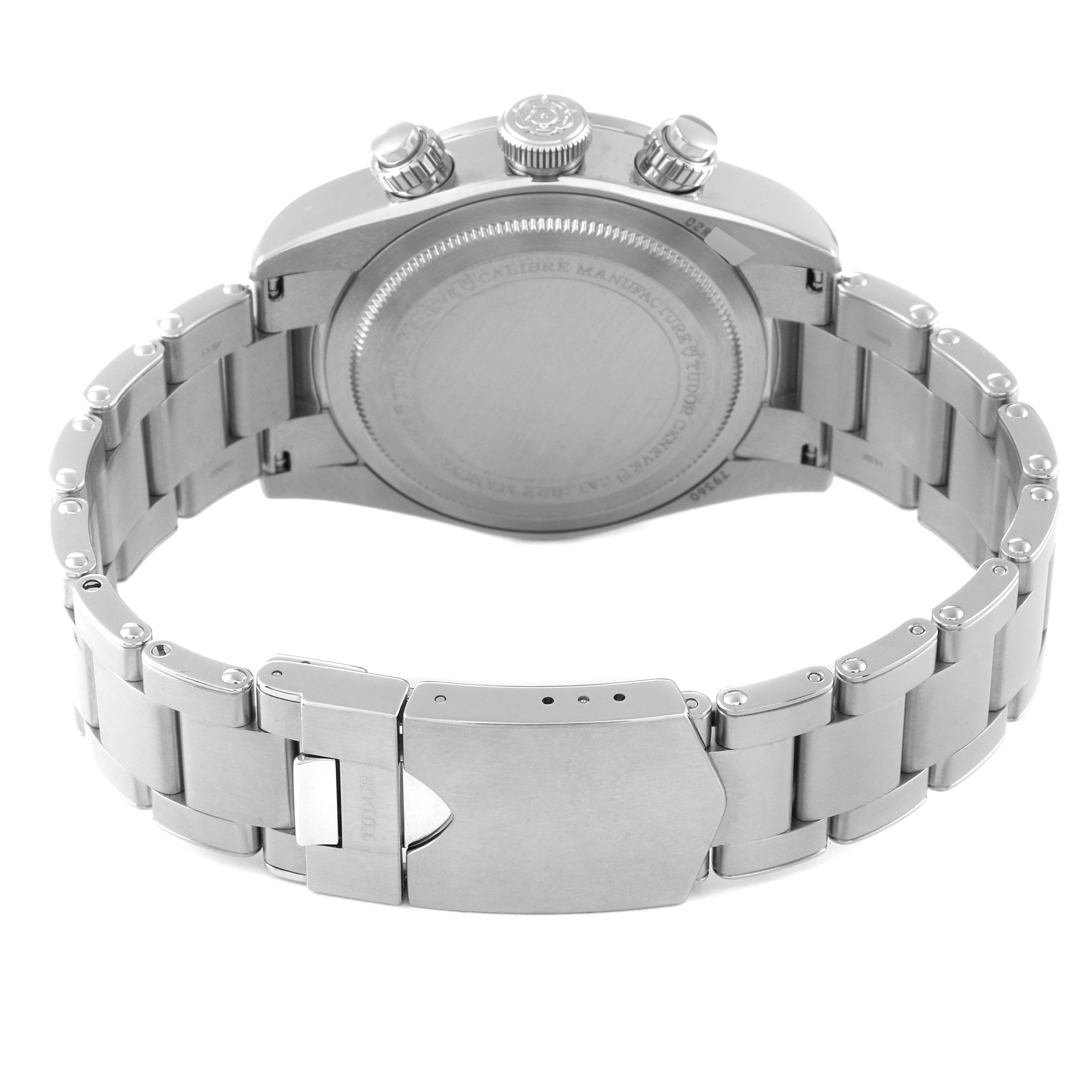 The image shows the back case and bracelet clasp of the Tudor Heritage Black Bay M79360N-0002 Men's Stainless Steel White Dial M79360N-0002 Men's Stainless Steel White Dial watch.