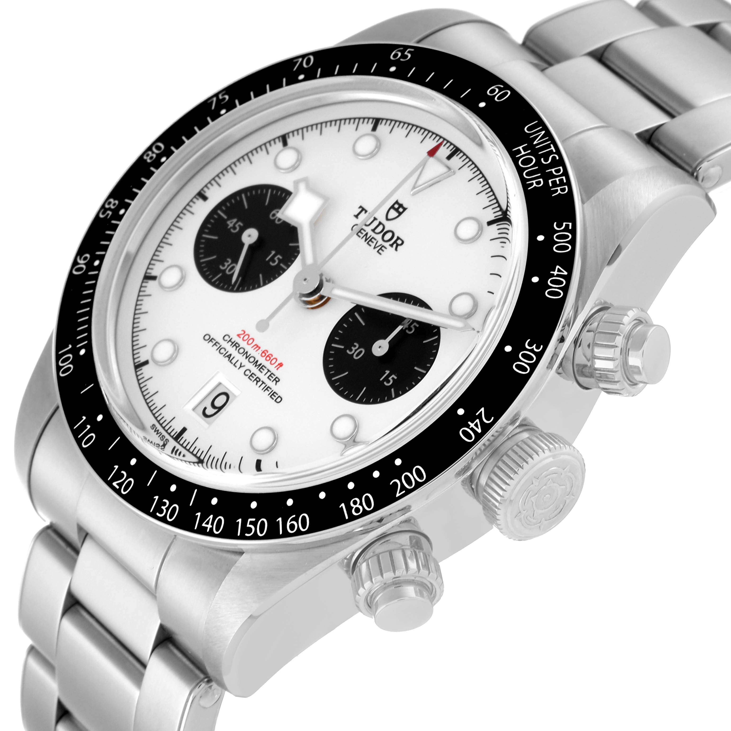 The Tudor Heritage Black Bay M79360N-0002 Men's Stainless Steel White Dial M79360N-0002 Men's Stainless Steel White Dial watch is shown at an angled close-up, displaying its dial, bezel, pushers, and part of the bracelet.