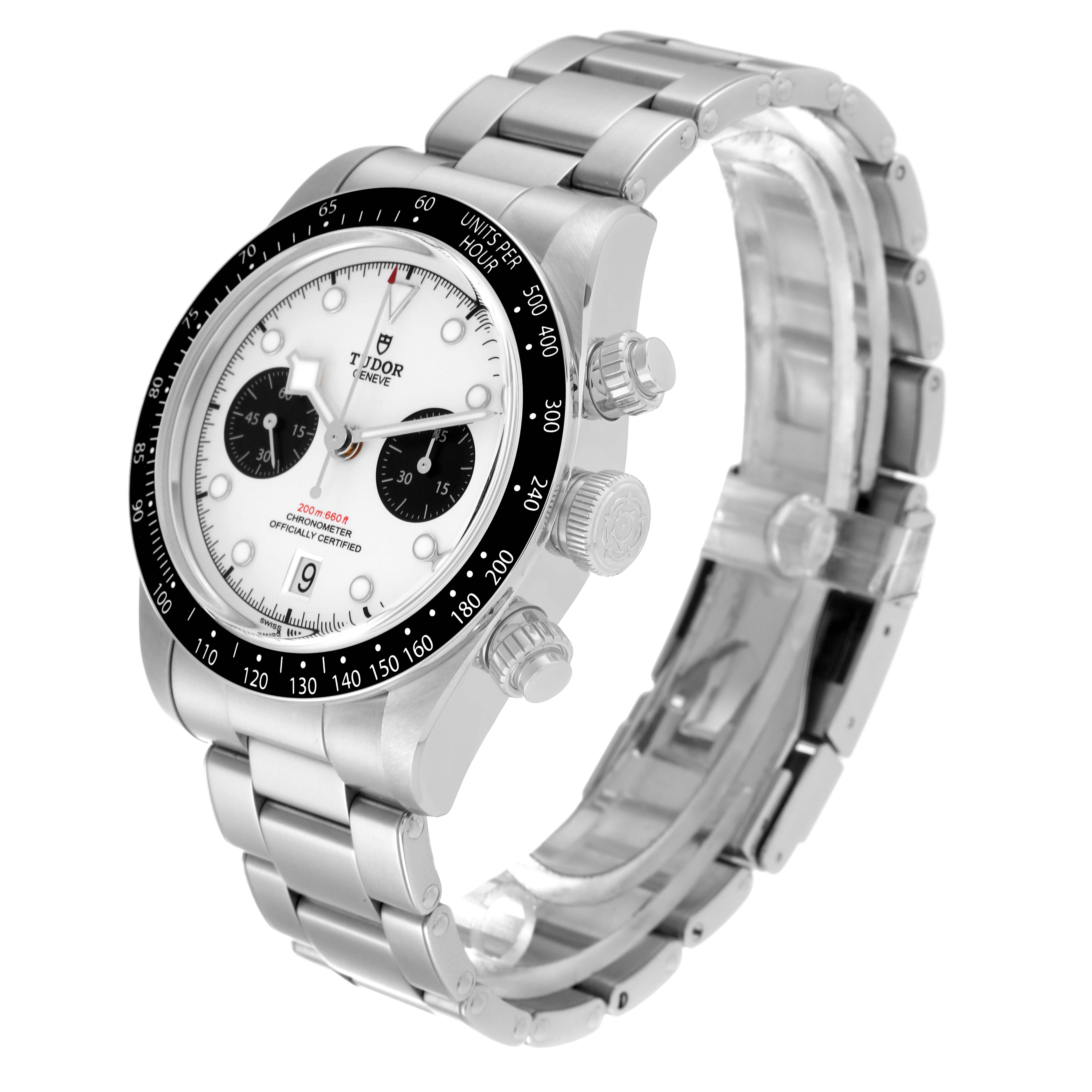 The Tudor Heritage Black Bay M79360N-0002 Men's Stainless Steel White Dial M79360N-0002 Men's Stainless Steel White Dial watch is shown at an angled view, highlighting its face, bezel, side buttons, and metal bracelet.