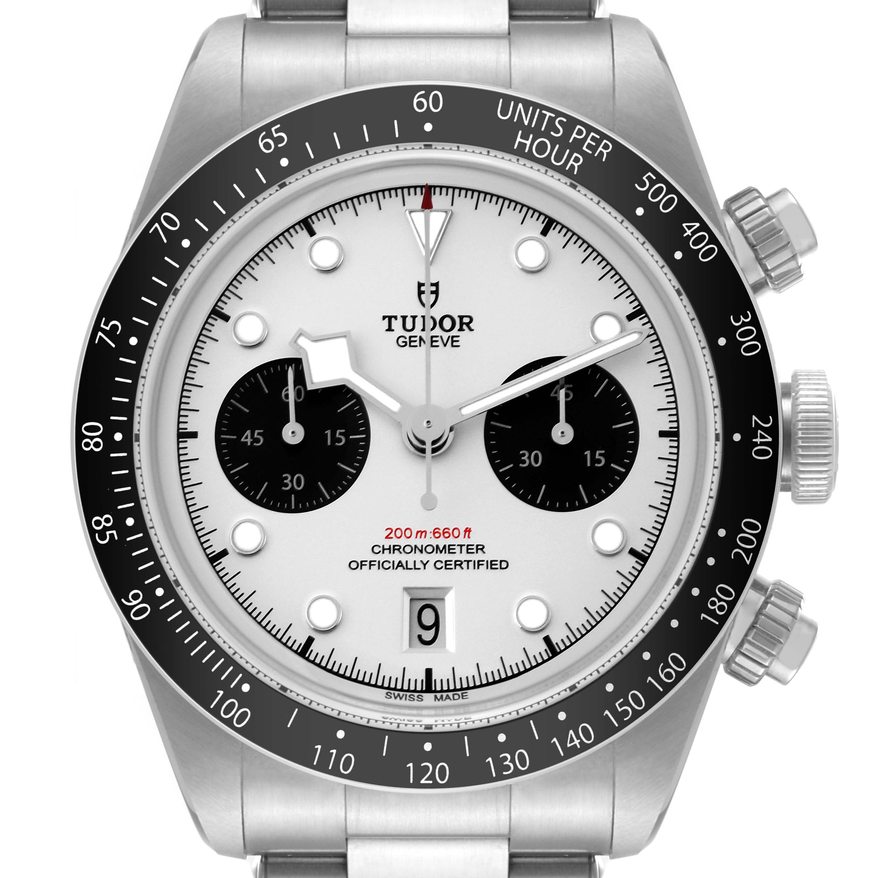 This is a front view of the Tudor Heritage Black Bay M79360N-0002 Men's Stainless Steel White Dial M79360N-0002 Men's Stainless Steel White Dial watch, showcasing the dial, bezel, and chronograph pushers.