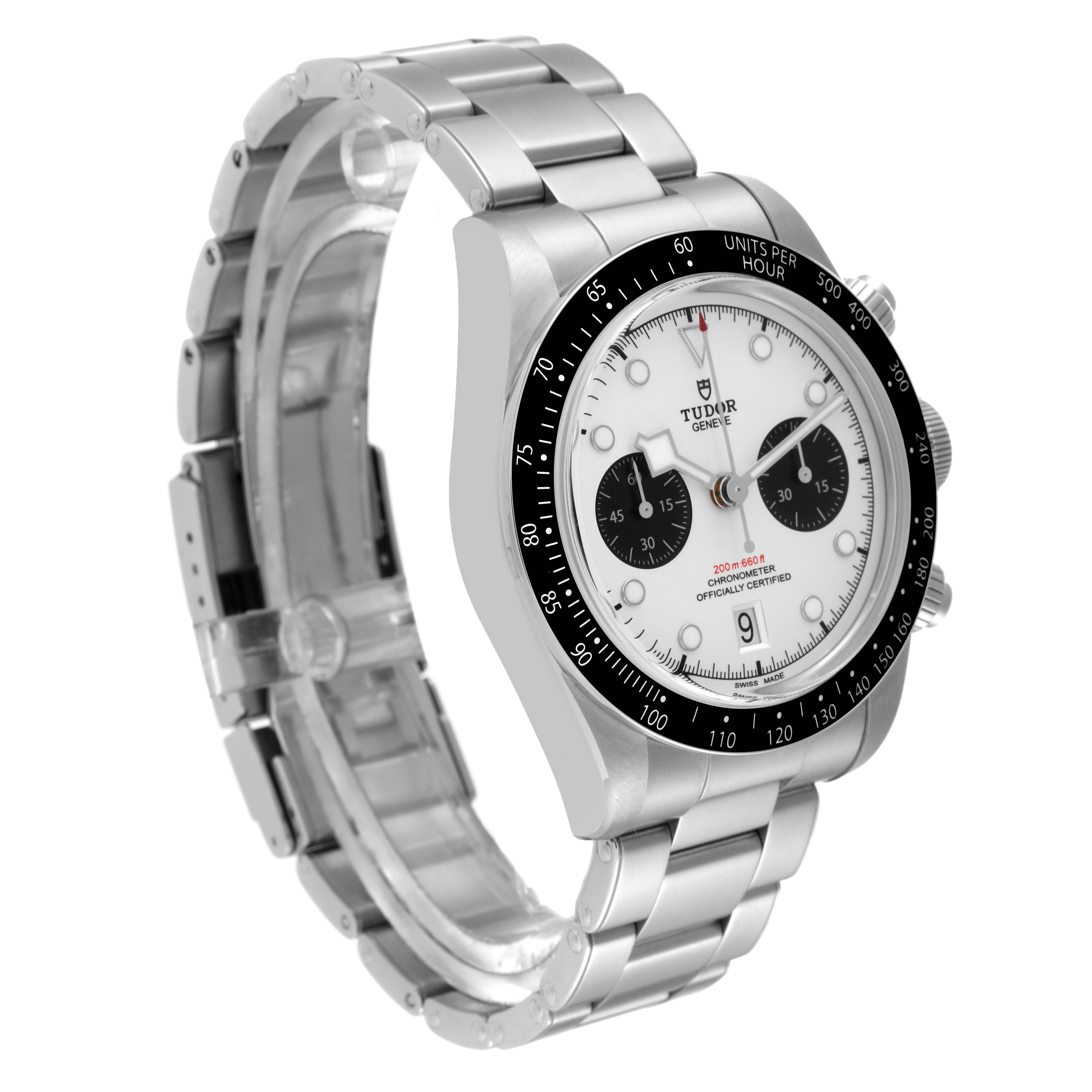 The Tudor Heritage Black Bay M79360N-0002 Men's Stainless Steel White Dial M79360N-0002 Men's Stainless Steel White Dial watch is shown at a three-quarter angle displaying the case, dial, bezel, and metal bracelet.