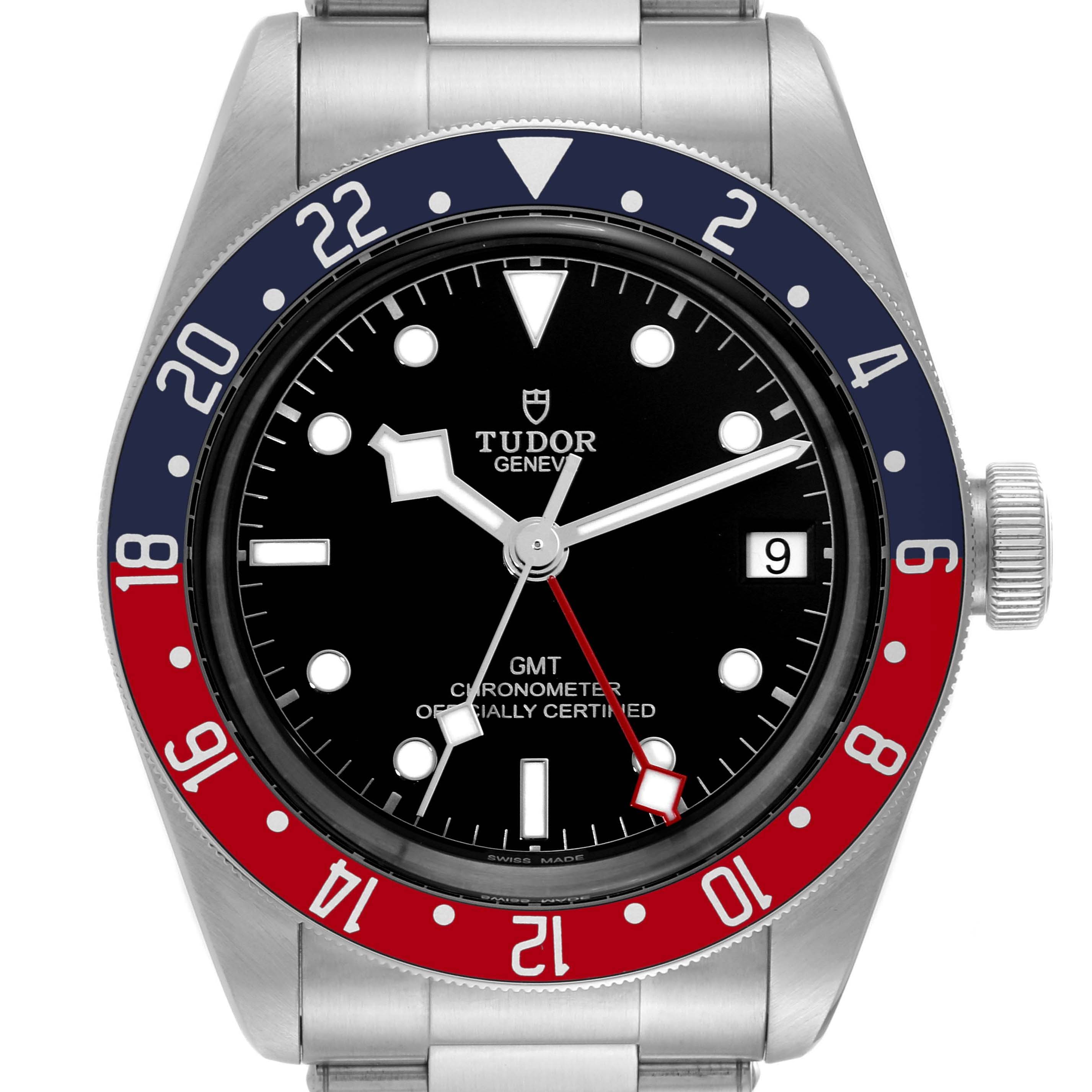 The image shows a front view of the Tudor Heritage Black Bay 79830RB Men
s Stainless Steel Black Dial 79830RB Men
s Stainless Steel Black Dial GMT watch, highlighting the dial, bezel, and part of the bracelet.