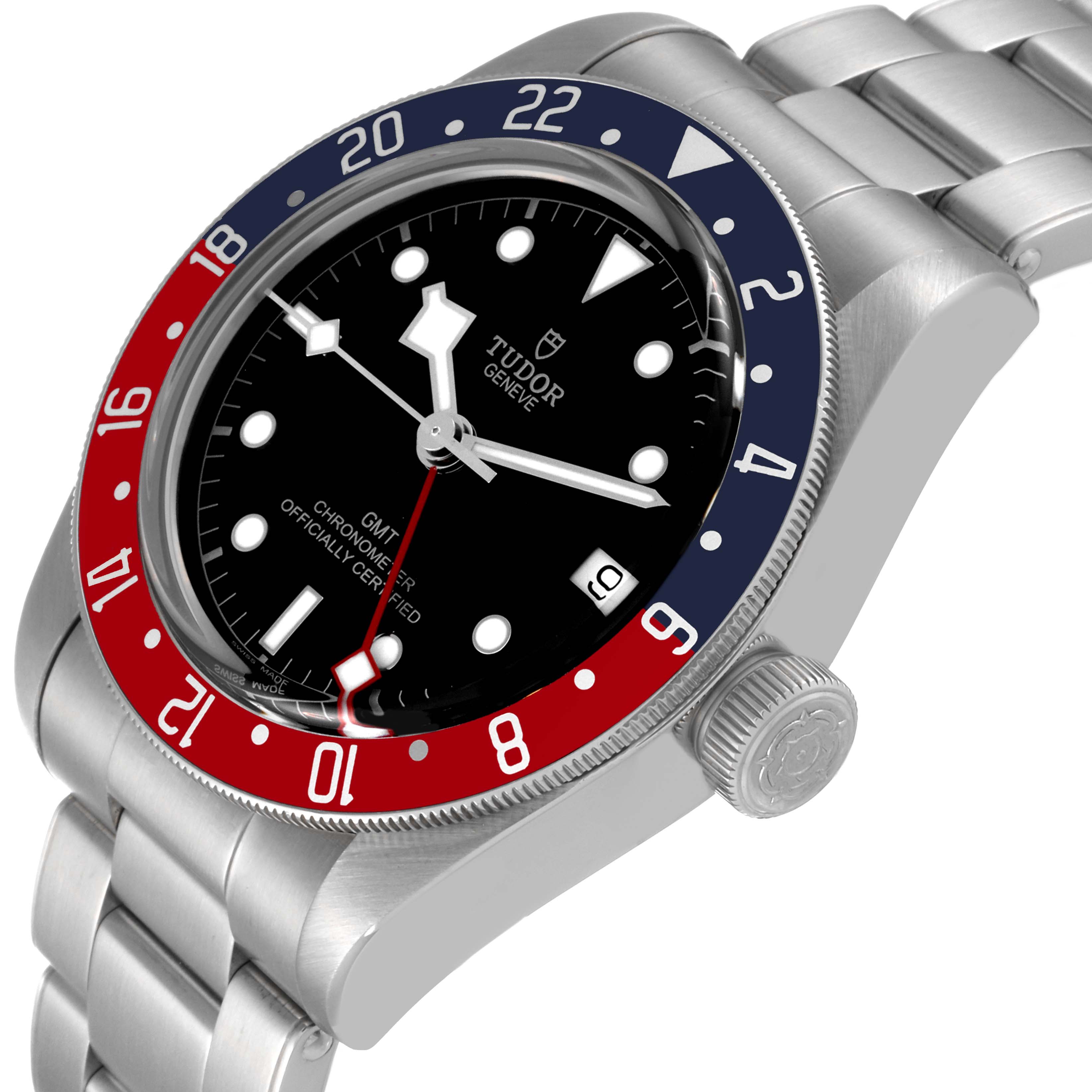 The Tudor Heritage Black Bay 79830RB Men
s Stainless Steel Black Dial 79830RB Men
s Stainless Steel Black Dial watch is shown at an angled close-up, highlighting the bezel, dial, crown, and bracelet.