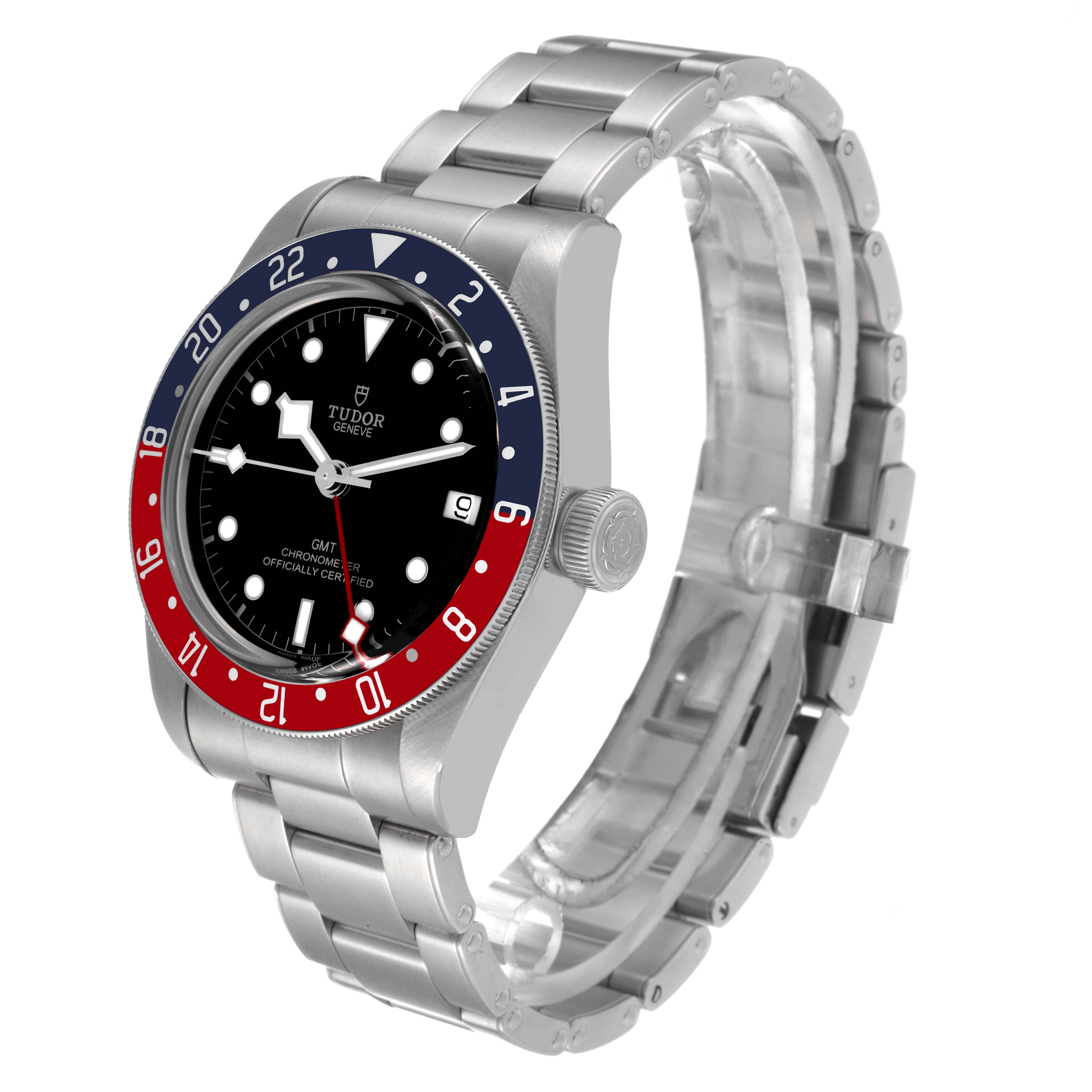 The image shows a Tudor Heritage Black Bay 79830RB Men
s Stainless Steel Black Dial 79830RB Men
s Stainless Steel Black Dial watch at a three-quarter angle, highlighting the face, bezel, crown, and bracelet.