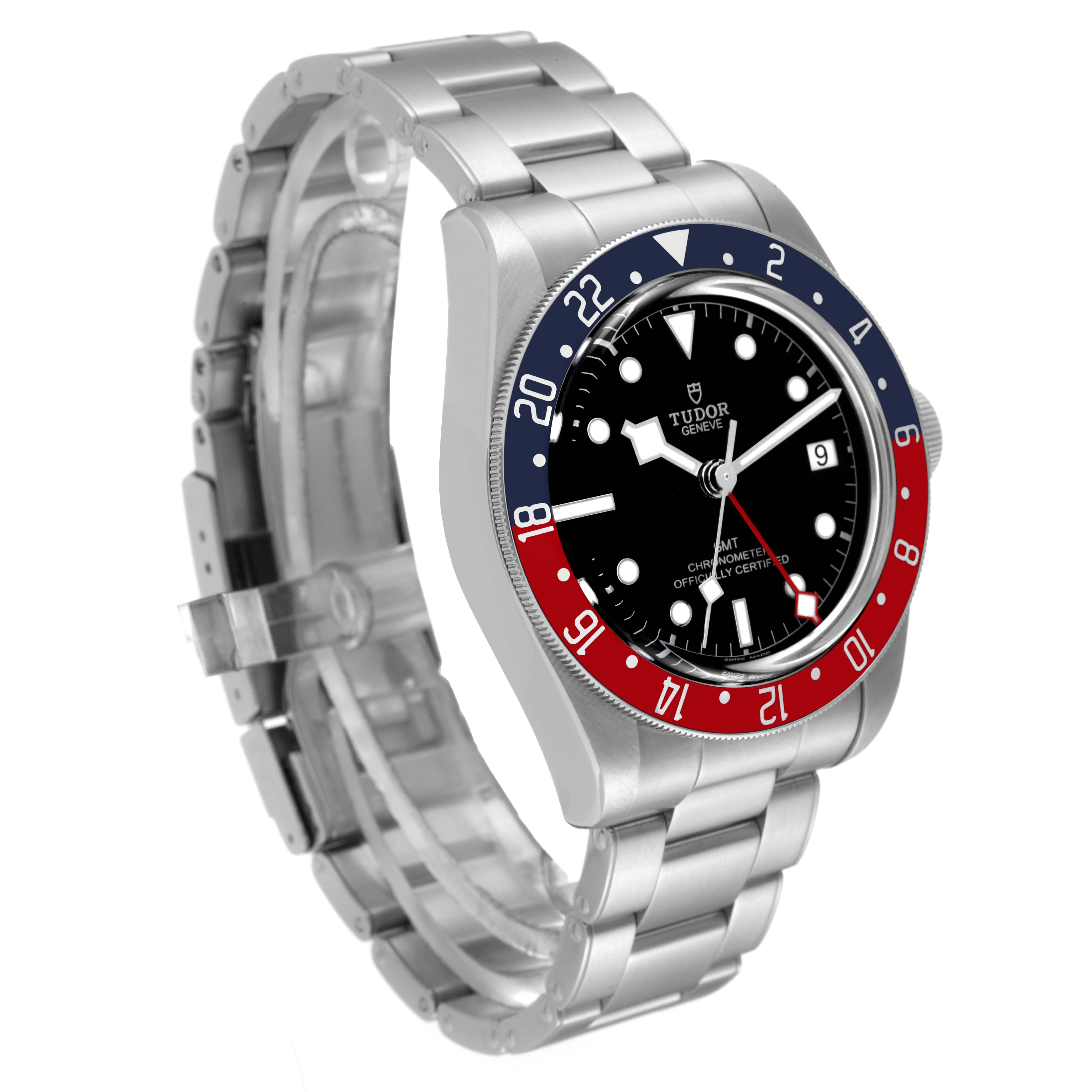 The Tudor Heritage Black Bay 79830RB Men
s Stainless Steel Black Dial 79830RB Men
s Stainless Steel Black Dial watch is shown at an angled side view, highlighting its bezel, case, and stainless steel bracelet.