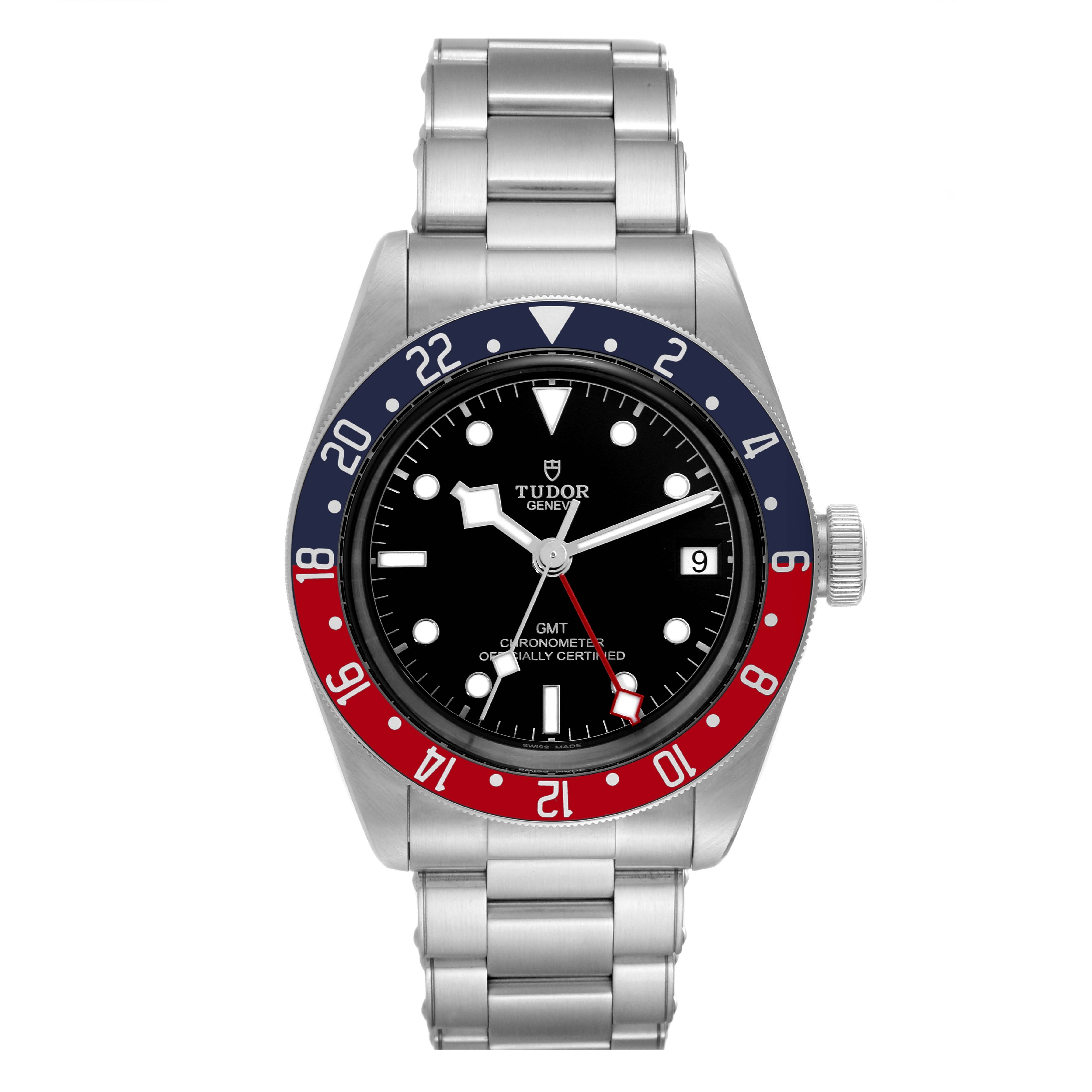 The image shows a front view of the Tudor Heritage Black Bay 79830RB Men
s Stainless Steel Black Dial 79830RB Men
s Stainless Steel Black Dial watch, displaying its dial, bezel, and metal bracelet.