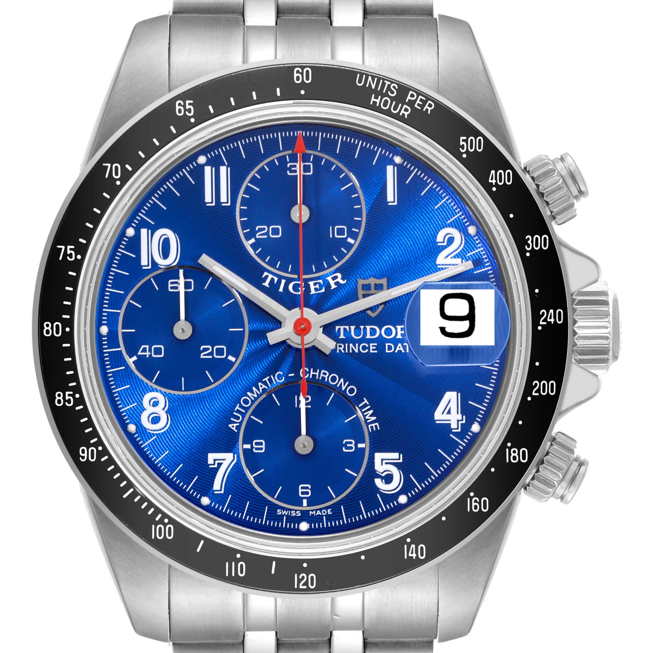 The image shows a close-up, front view of the Tudor Tiger 79260 Men's Stainless Steel Blue Dial 79260 Men's Stainless Steel Blue Dial watch, displaying its blue dial, three sub-dials, and date window.