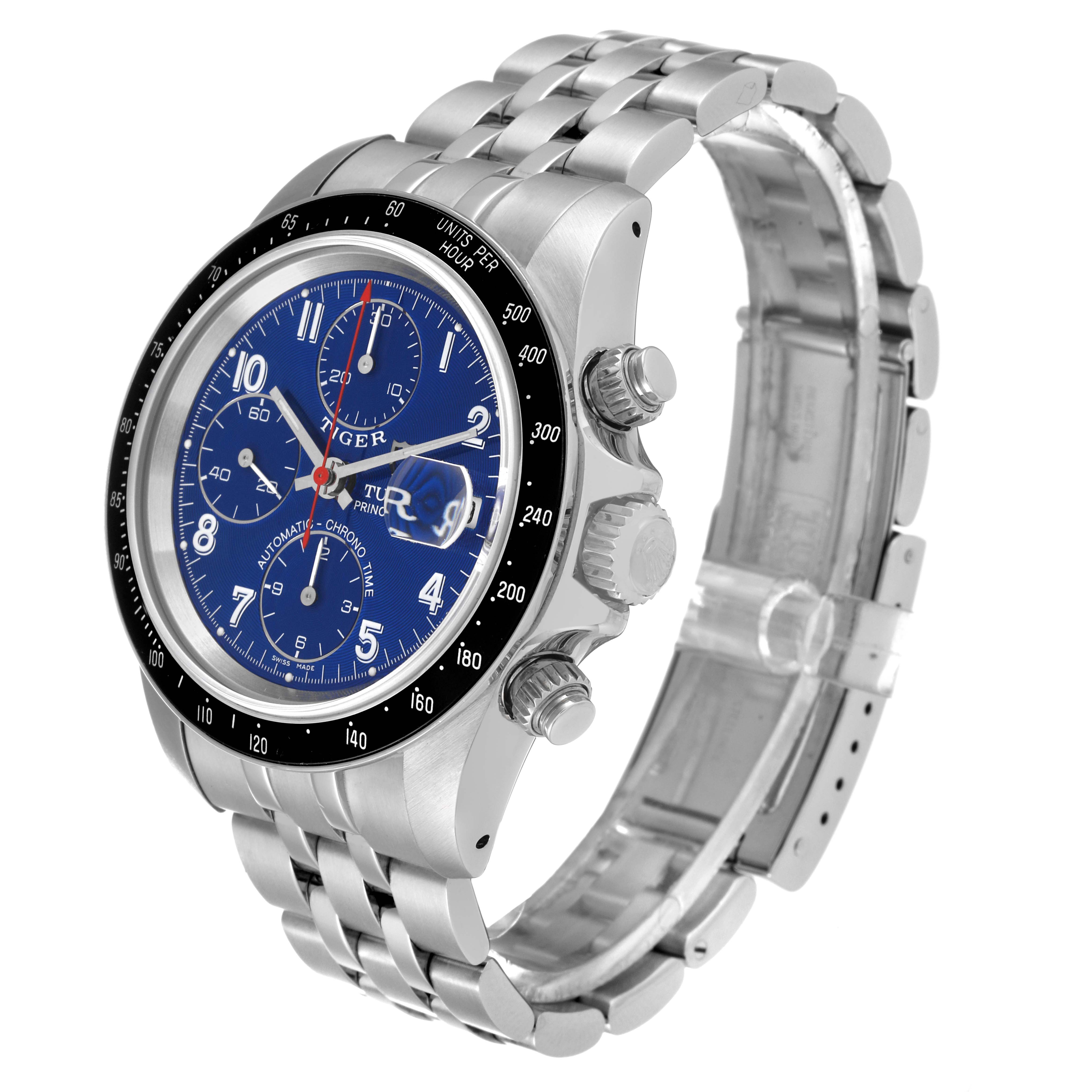 The image shows a side and partial top view of the Tudor Tiger 79260 Men's Stainless Steel Blue Dial 79260 Men's Stainless Steel Blue Dial model watch, including its face, crown, pushers, and metal bracelet.