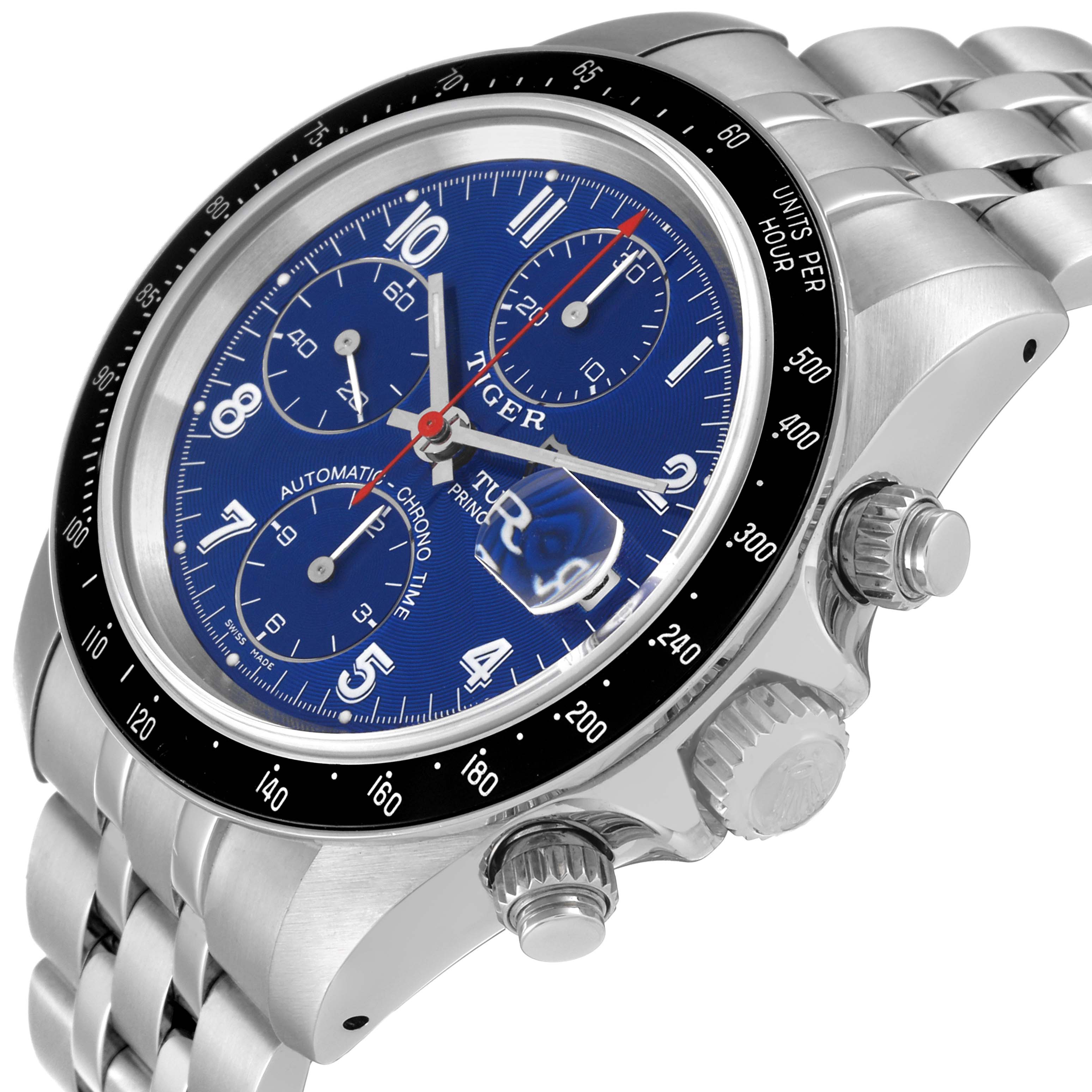 The image shows a Tudor Tiger 79260 Men's Stainless Steel Blue Dial 79260 Men's Stainless Steel Blue Dial model watch at an angle emphasizing its crown, chronograph pushers, and blue dial.