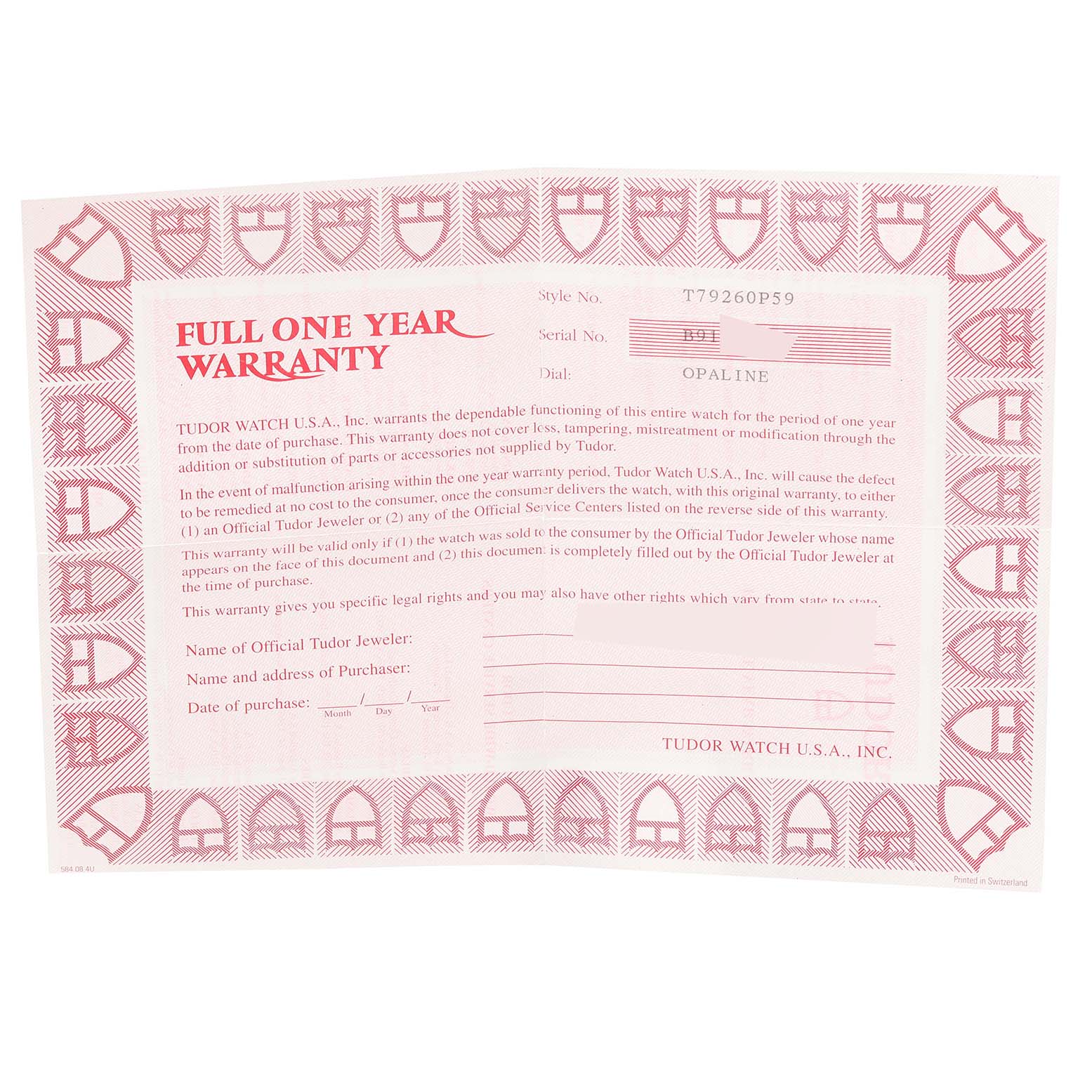 This image shows the full one-year warranty card for the Tudor Prince model watch.