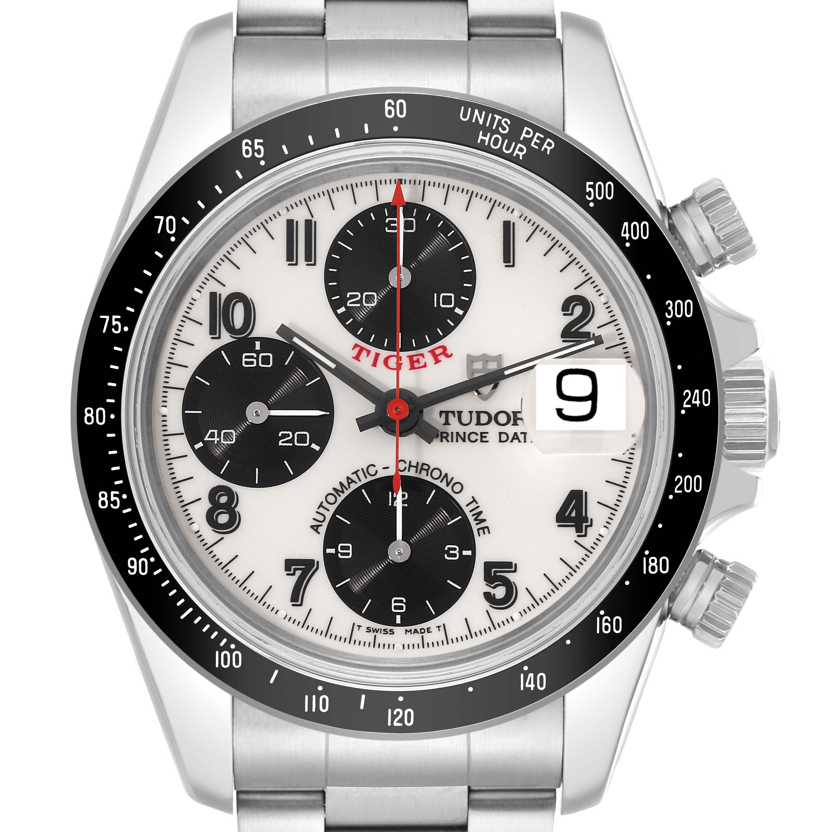 The image shows a front view of the Tudor Tiger 79260 Men's Stainless Steel White Dial 79260 Men's Stainless Steel White Dial model watch, highlighting the dial, chronograph subdials, and bezel.