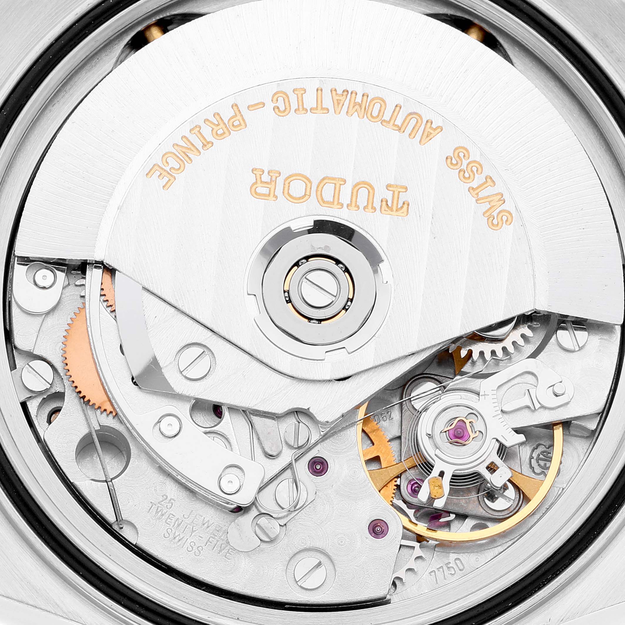 This image shows a close-up view of the movement mechanism of a Tudor Prince model watch.